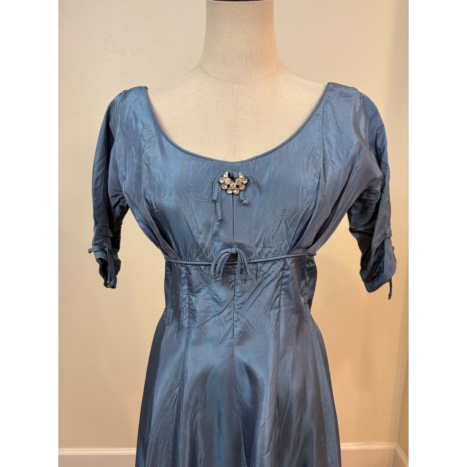 Vtg 50s Dress S Blue Taffeta Rhinestone Mid Century Cocktail Party Rockabilly