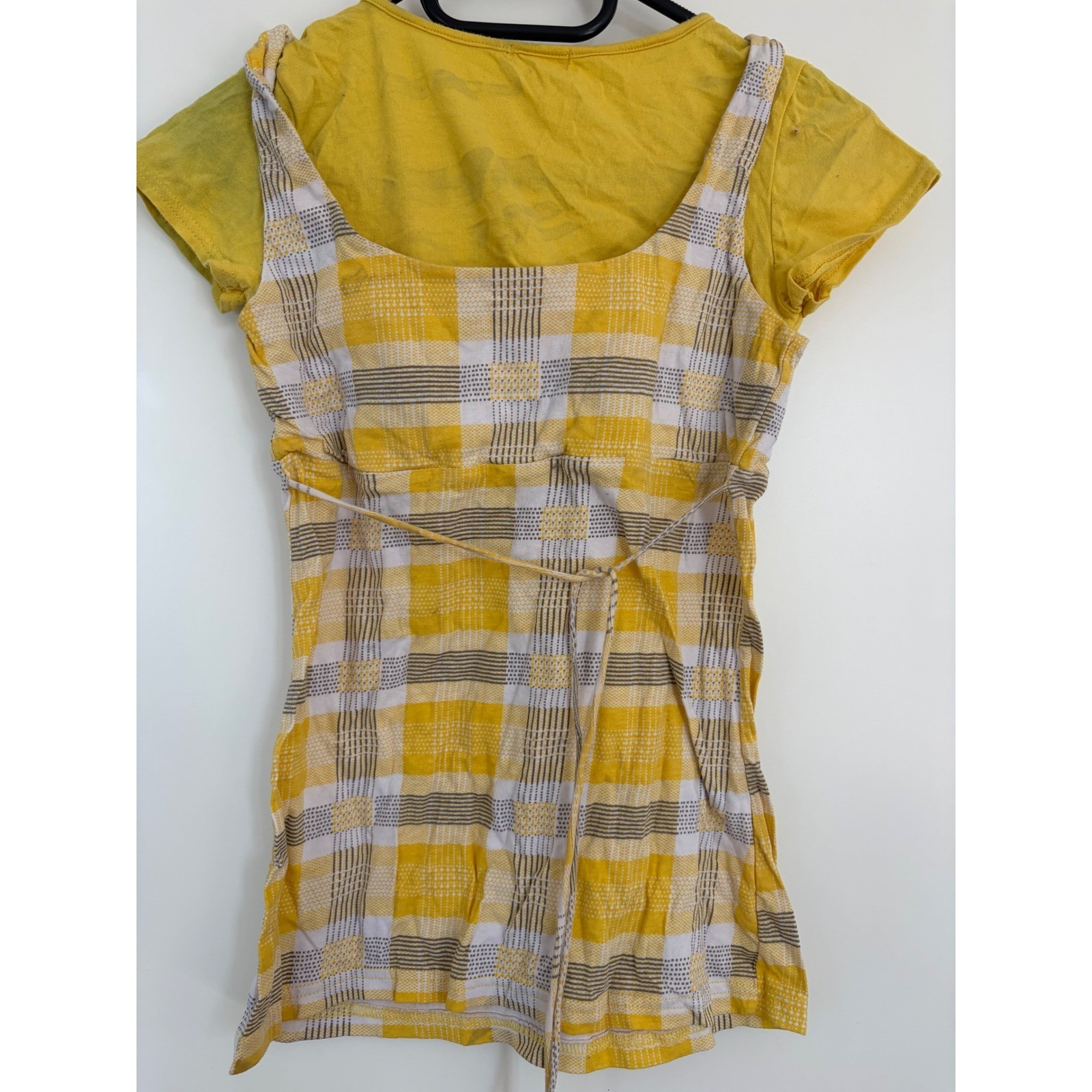 Ambiance Apparel Vintage Y2K Milkmaid Babydoll Plaid Layered Top Yellow Small