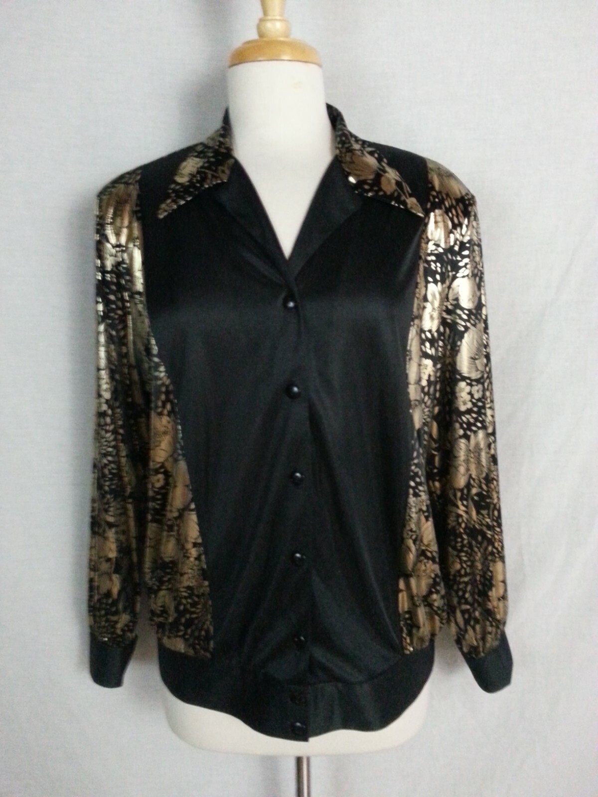 Vtg 80s Lori of CA Casuals Blouse Top Shirt Black Gold Floral Metallic Disco L