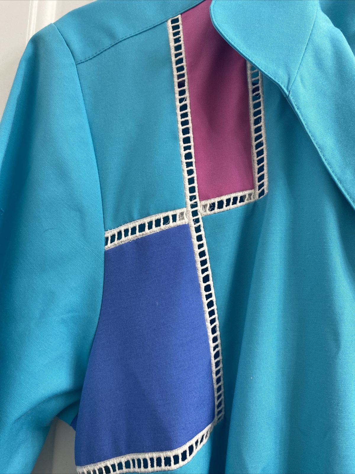 Vintage 80s Turquoise Pink Geometric Shirt Dress 8 Petites By Willi Pockets