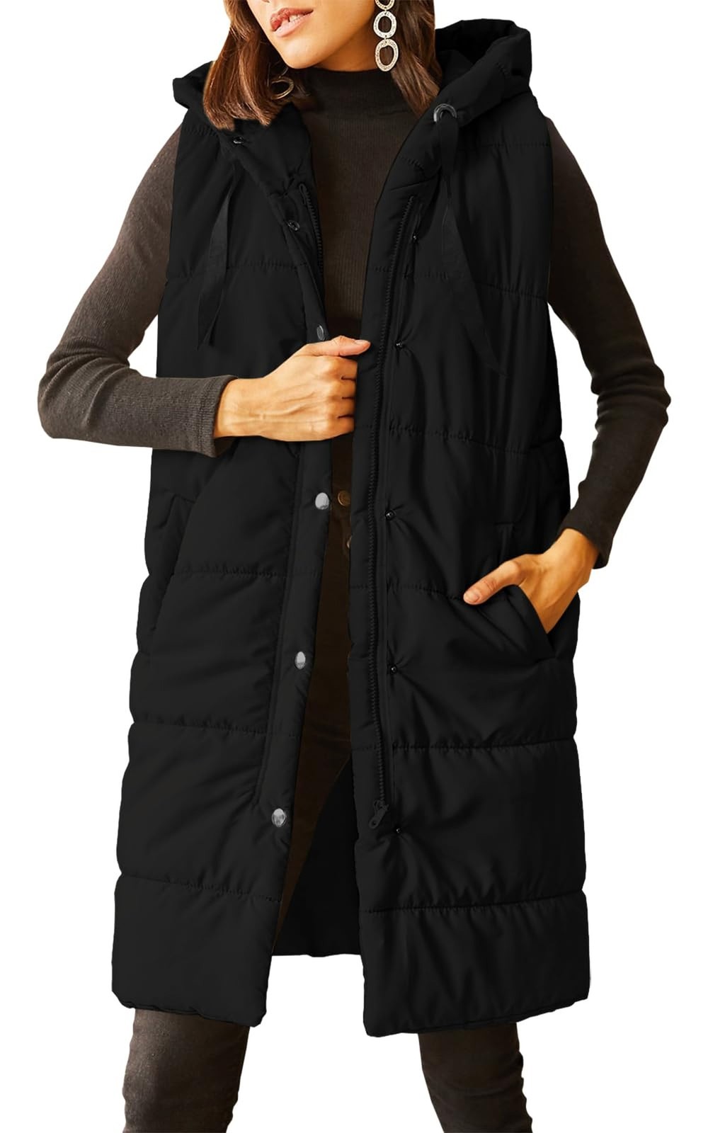 Grlasen Women’s Long Quilted Puffer Vest Sleeveless Hooded Button Down Padded…
