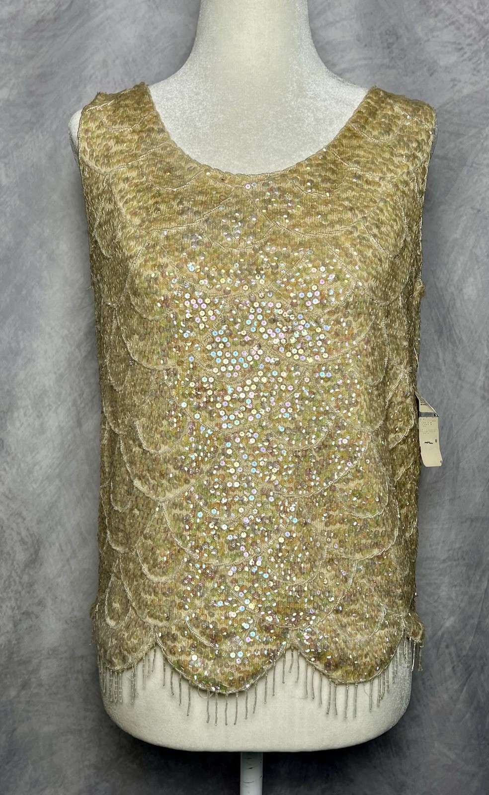 Vintage 1960s Beige Ivory Sequin Beaded Wool Shell Sleeveless Top Hong Kong NWT