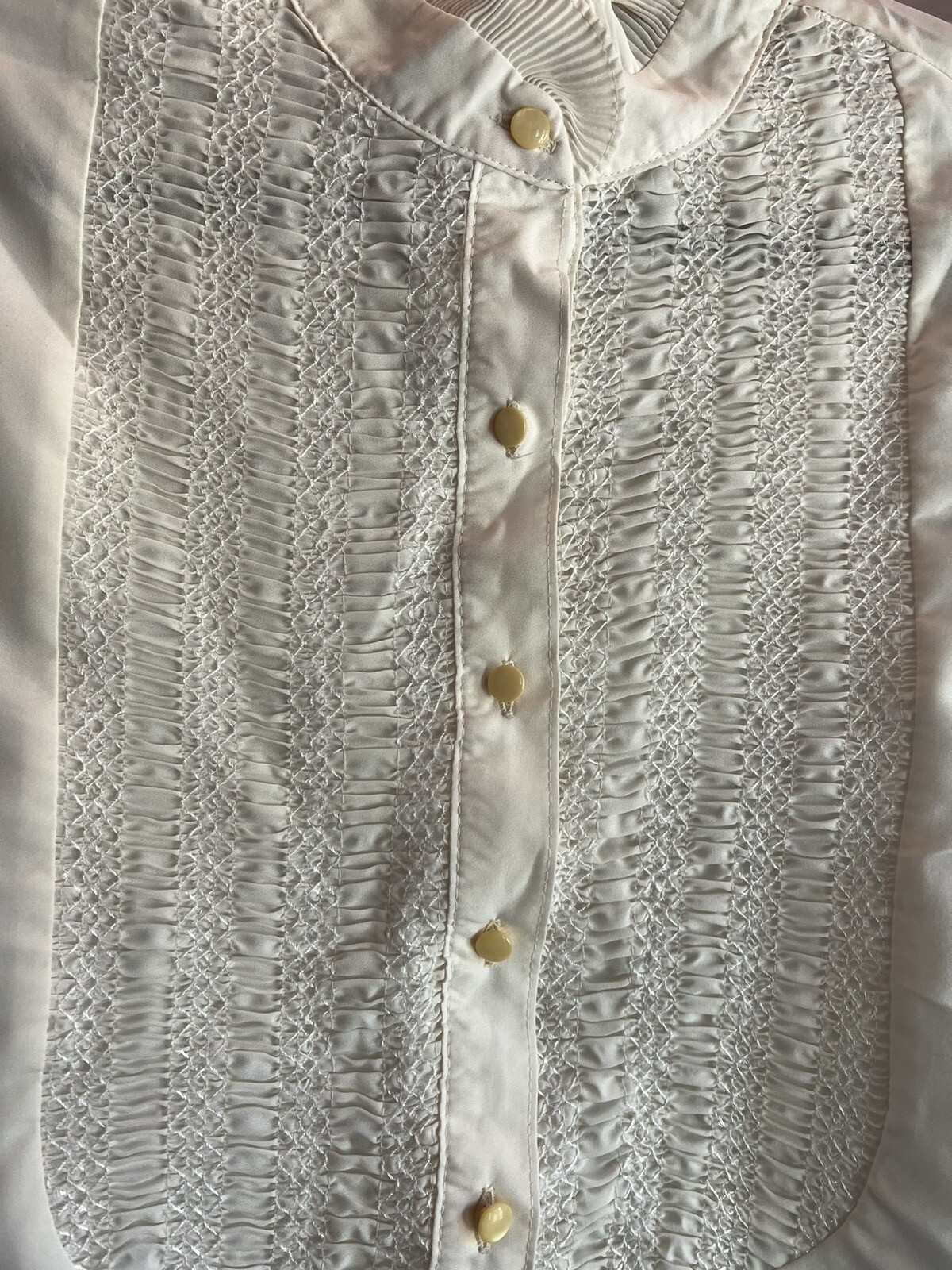 Vintage Donnkenny Cream Blouse – Smocking , Ruffled Collar , Sweet Buttons Med/L
