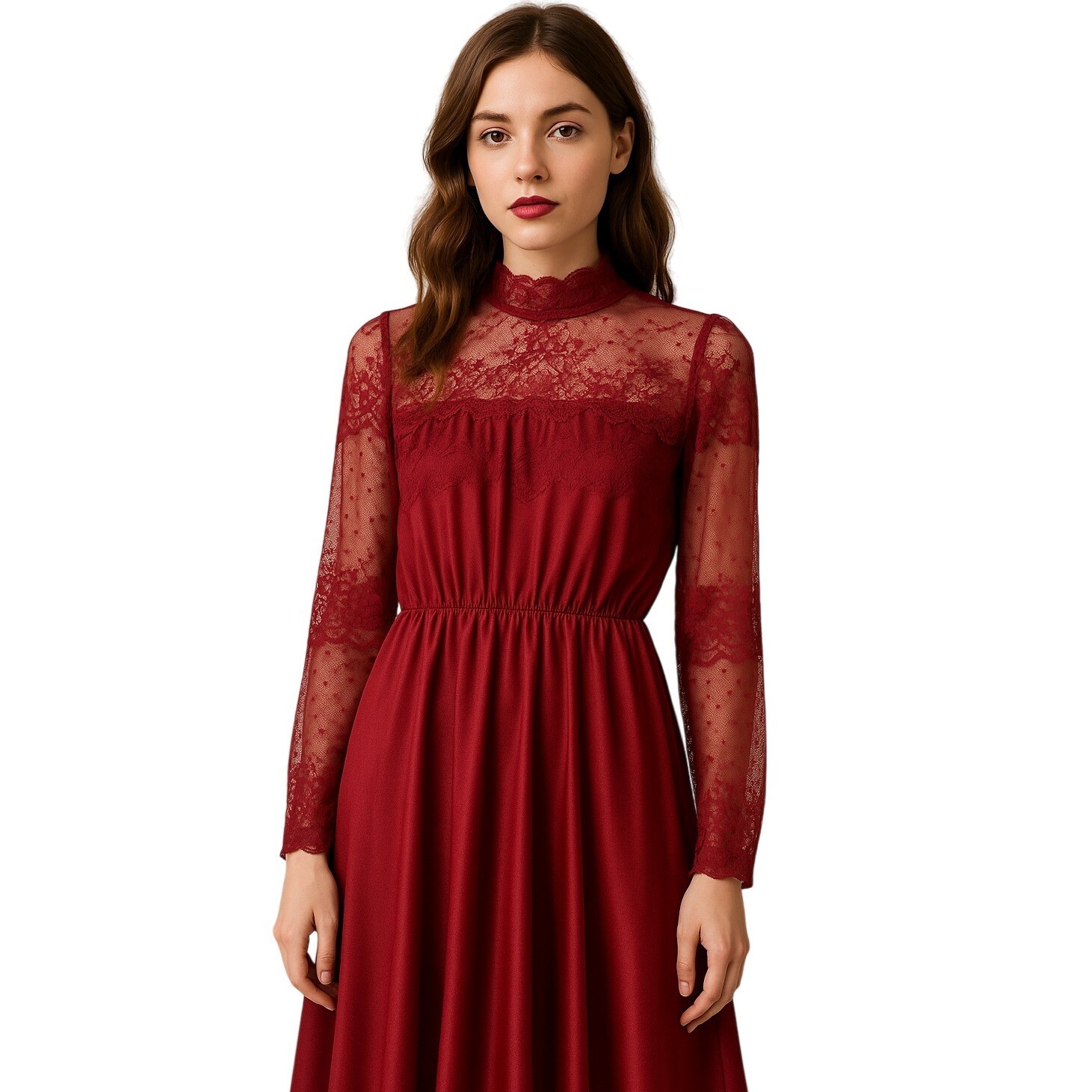 JCPENNY x VINTAGE Lace neckline Dress long sleeve in wine red