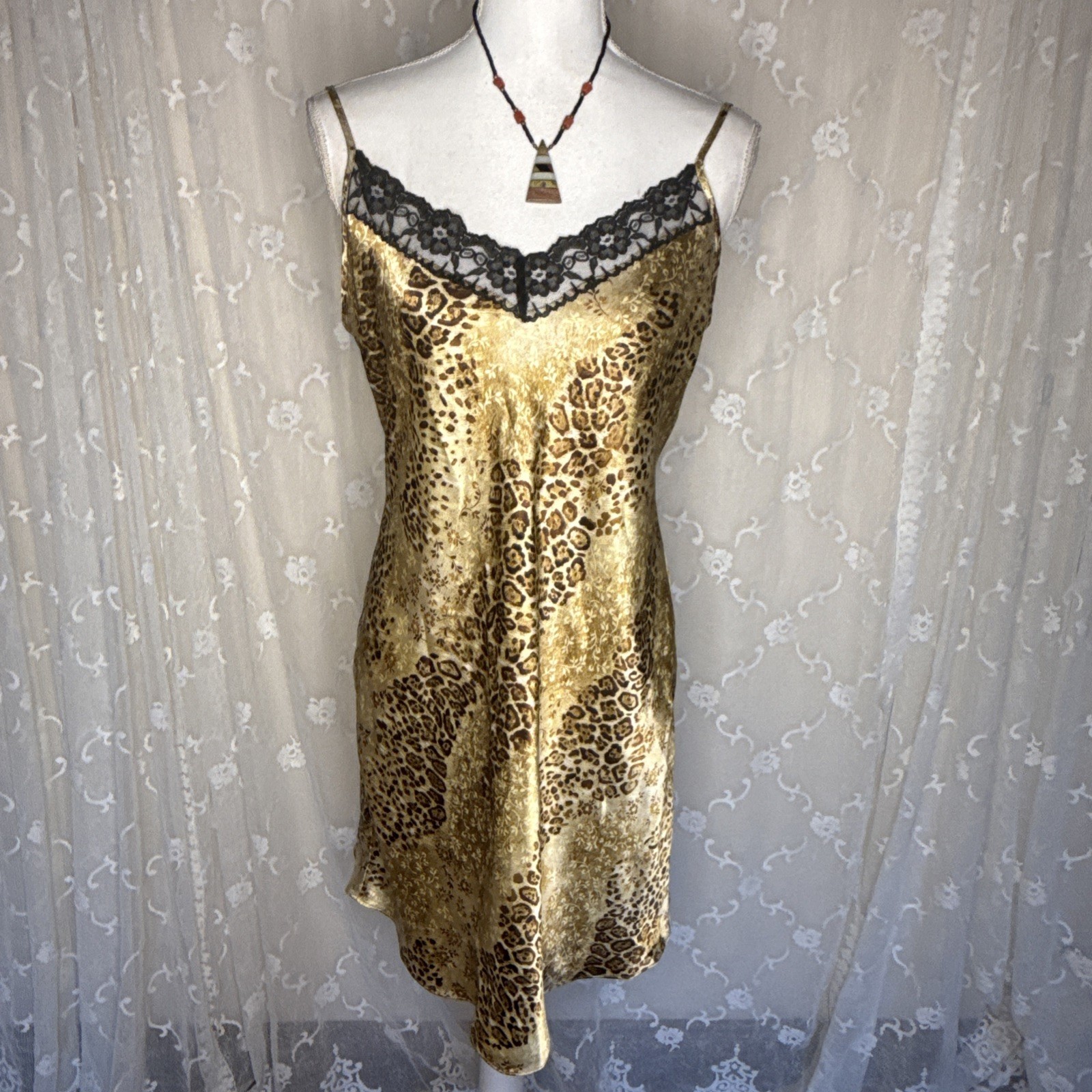 Vintage Gilligan & O’Malley Leopard Print Bias Cut Lace Slip Dress Medium 38 B