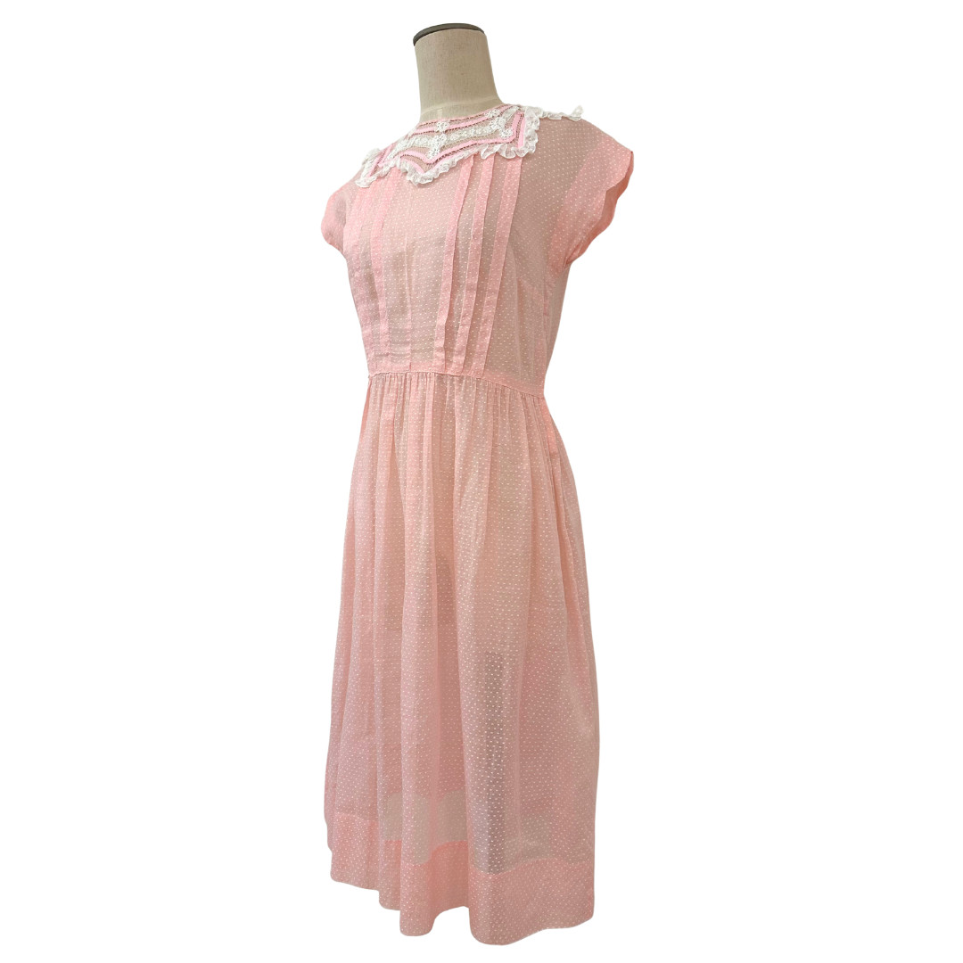 Vintage 1930s Pink Dotted Swiss Semi Sheer Fit n Flare Day Dress