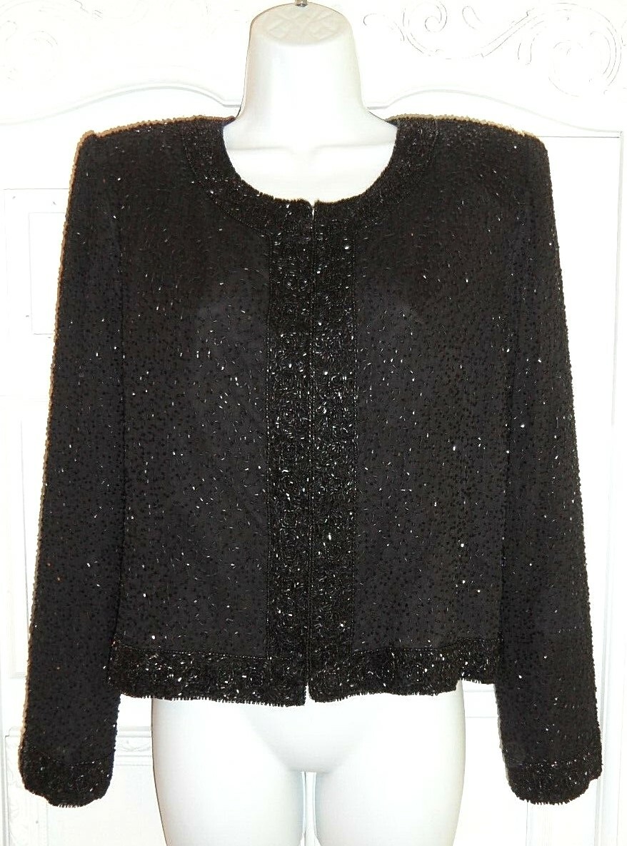 VINTAGE Stenay Beaded Evening Jacket Women’s L Large Black Silk Cocktail Festive
