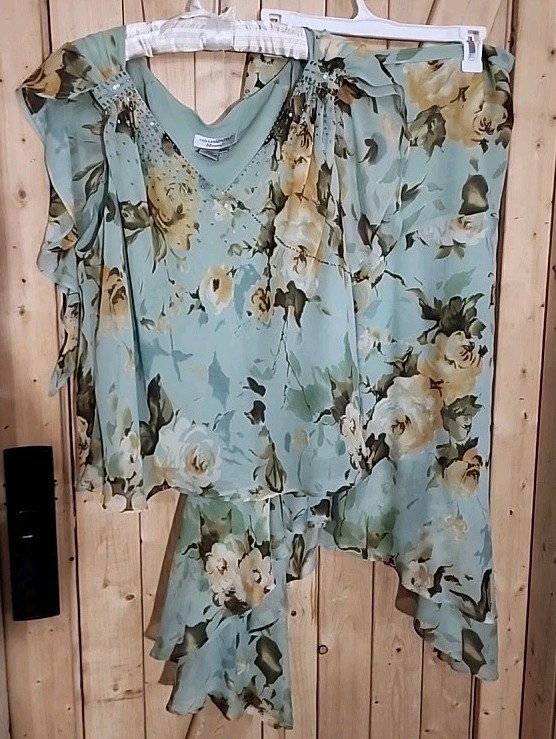 Vtg Adrianna Papell Womens Green Beige Floral Silk Top Asym Skirt Set Sz 16/18