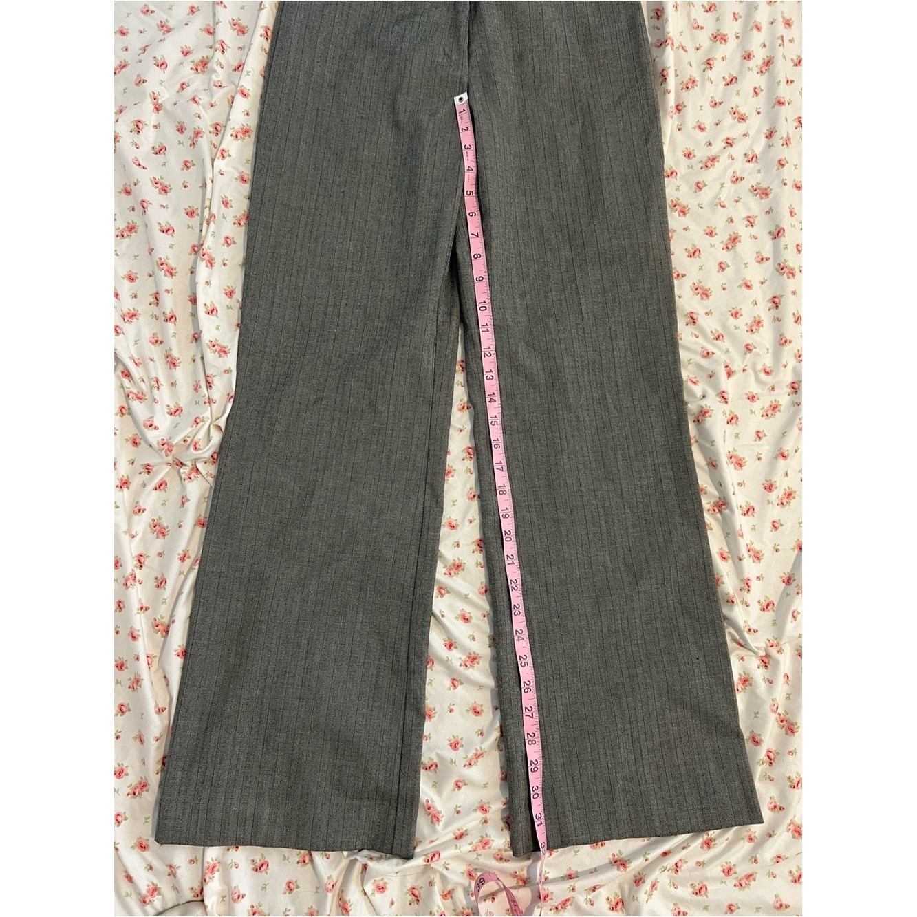 vintage y2k gray pinstripe office siren pants with black velvet waistband detail