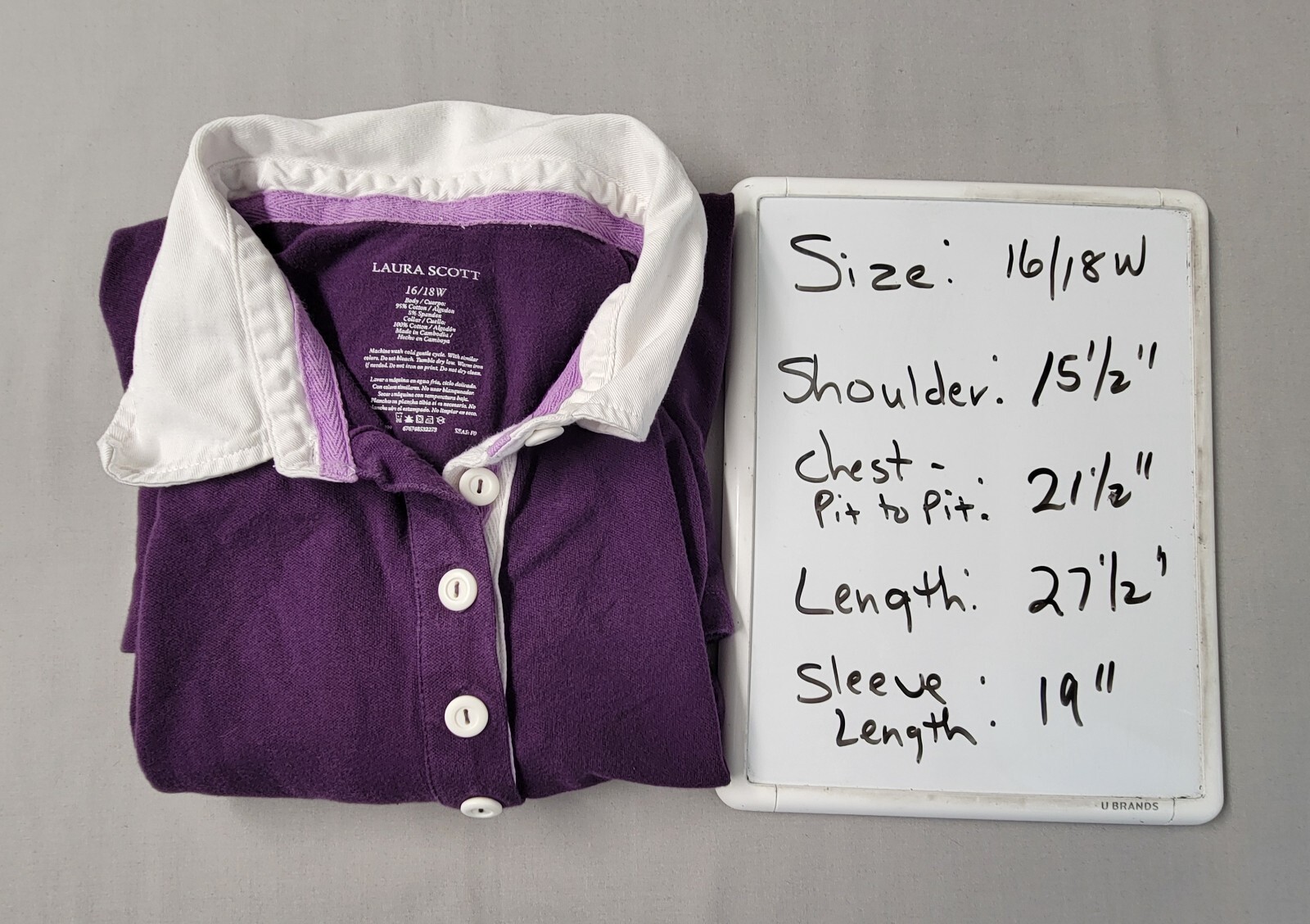 Vintage Laura Scott Womens Shirt Purple Long Sleeve White Collar Sz 16 18 W