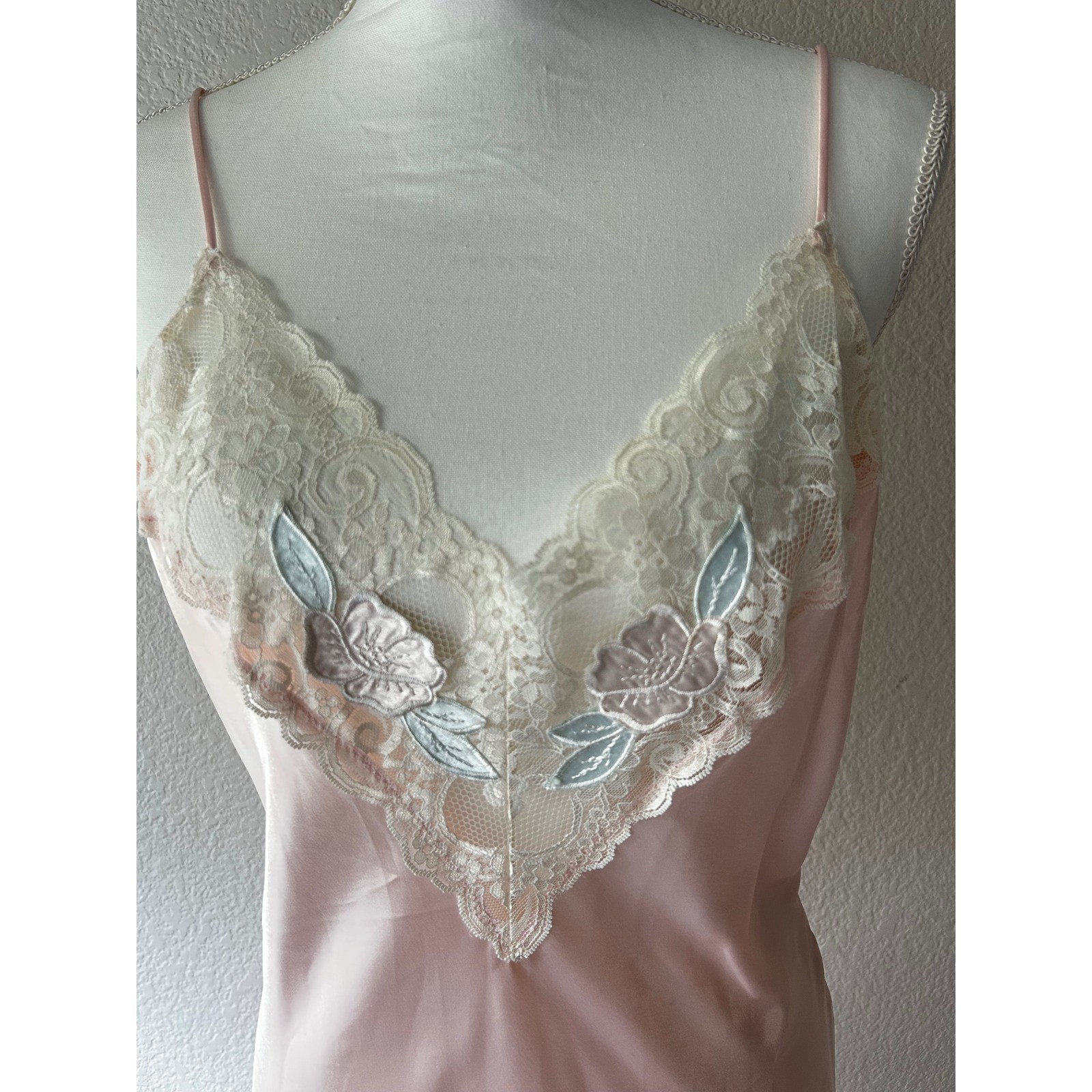 Vintage TJW Mervyn’s Pink Satin Slip Dress Lace Floral Appliqué M