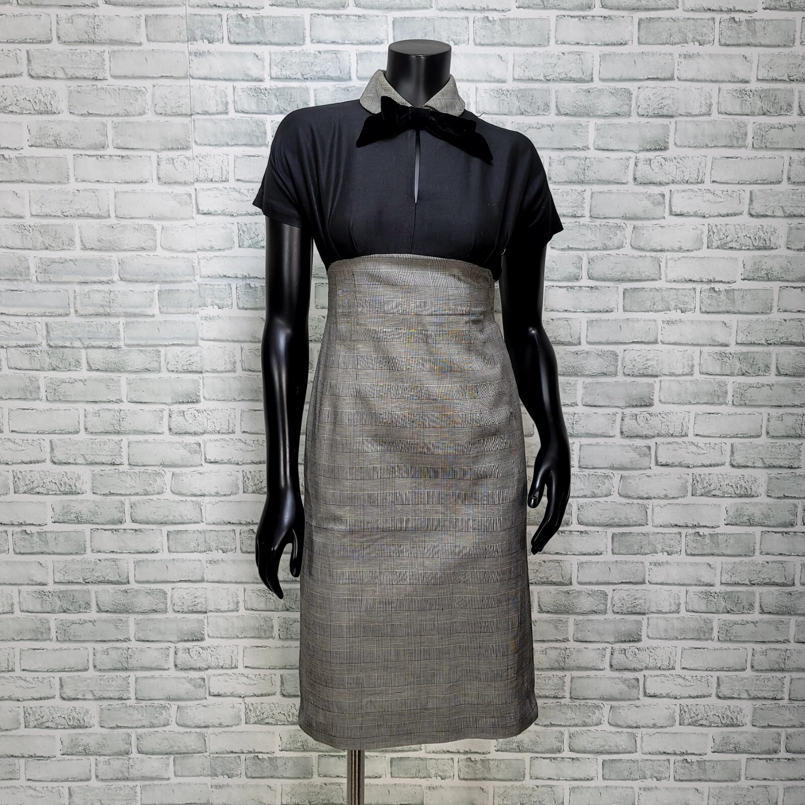 vintage 50s Pat Hartly Houndstooth Plaid Pencil Dress Bolero Set Keyhole Bow