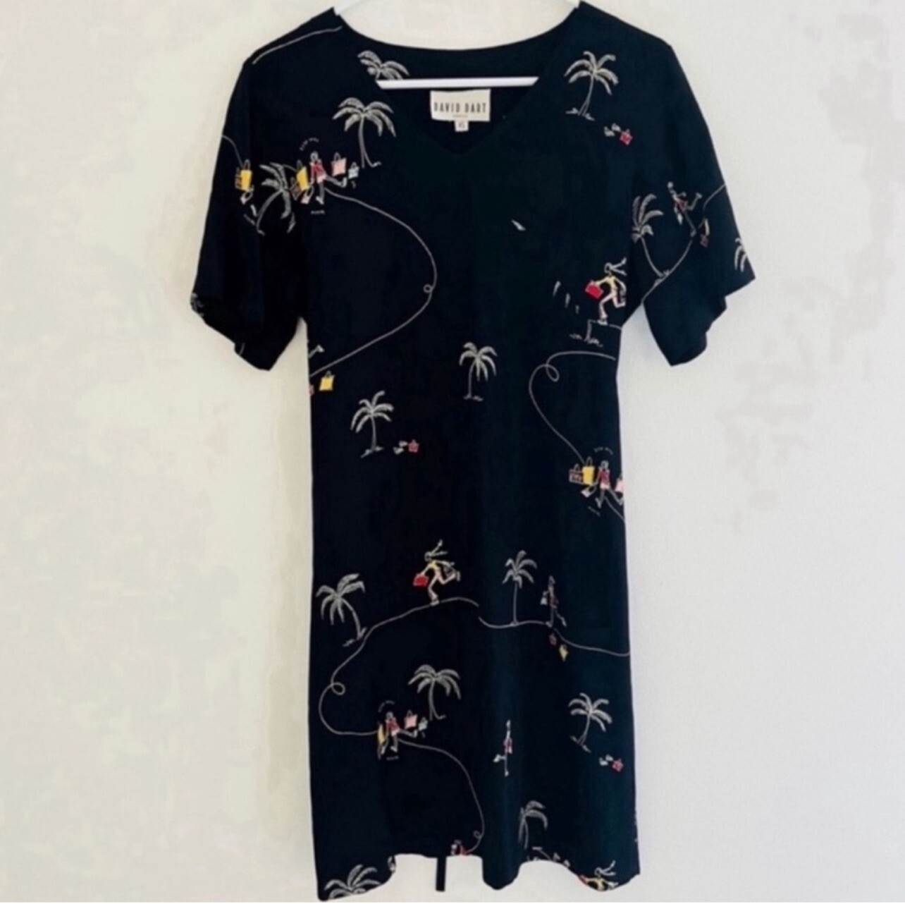 Vintage 90s David Dart Black Summer Printed Mini Dress XS