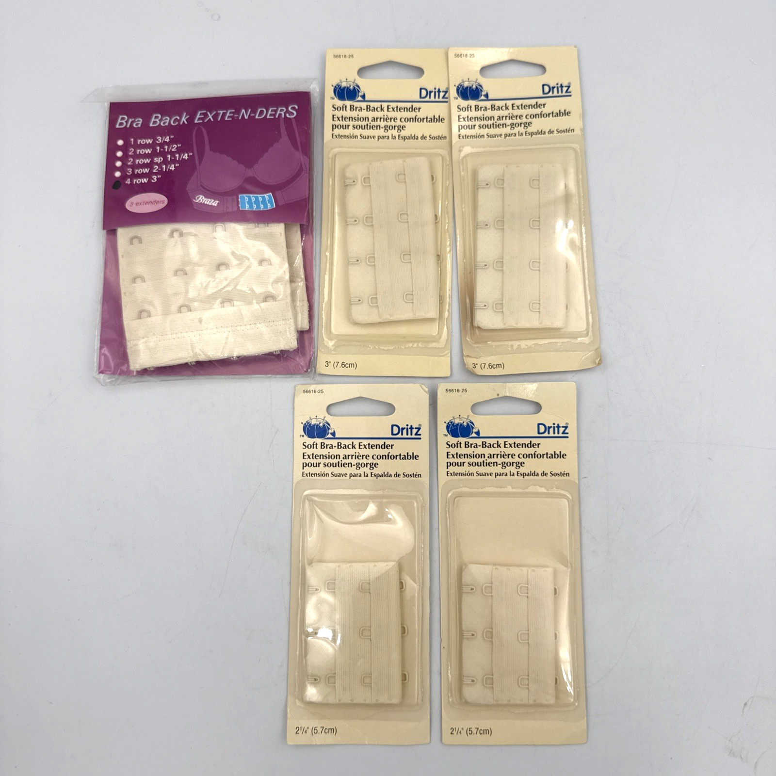 Lot of 5 VTG Dritz Soft Bra-Back Extenders Beige 2-1/4″ 3″ 3-Hook 4-Hook NOS