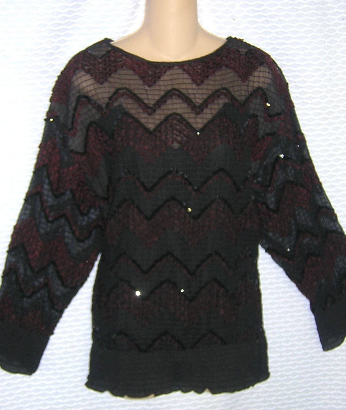GORGEOUS Vintage 50’s Black SHEER Chevron SEQUINED & Ribbon Embroidered TOP L