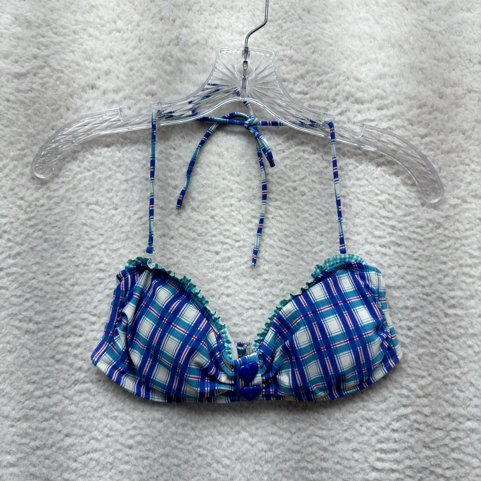 Y2K Vintage Halter Bikini Top XS Swimsuit Bathing Suit Blue Plaid Kawaii Japan