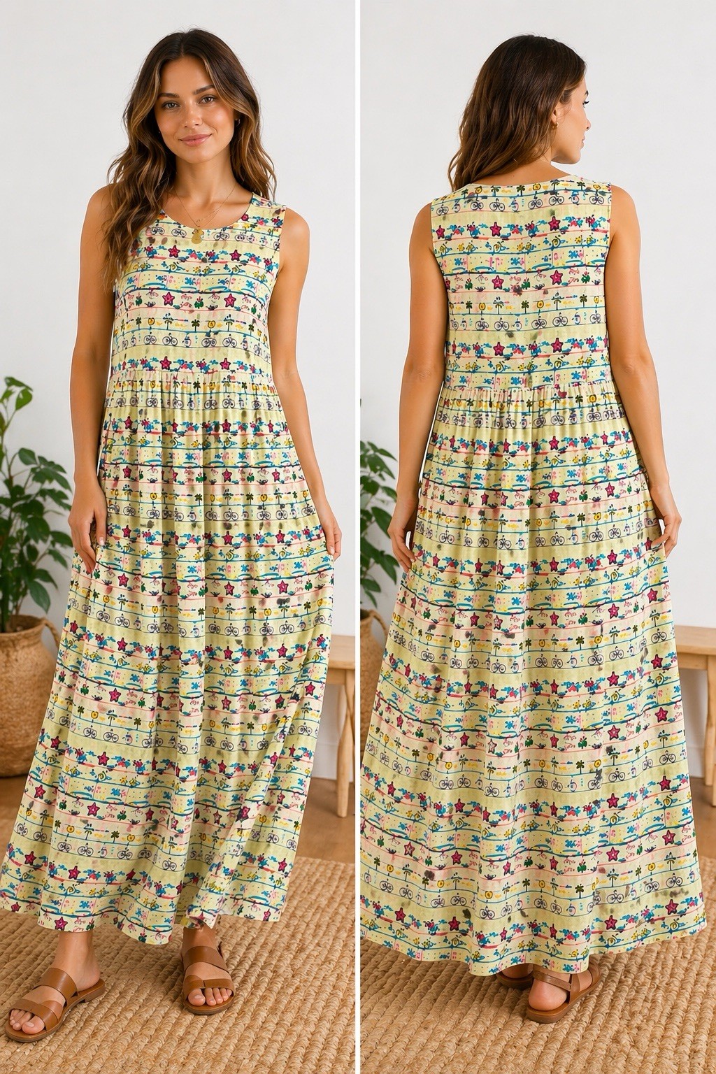 1990s Vtg Karavan Rayon Maxi Dress S Empire Waist Cute Print Boho Beach Cruise