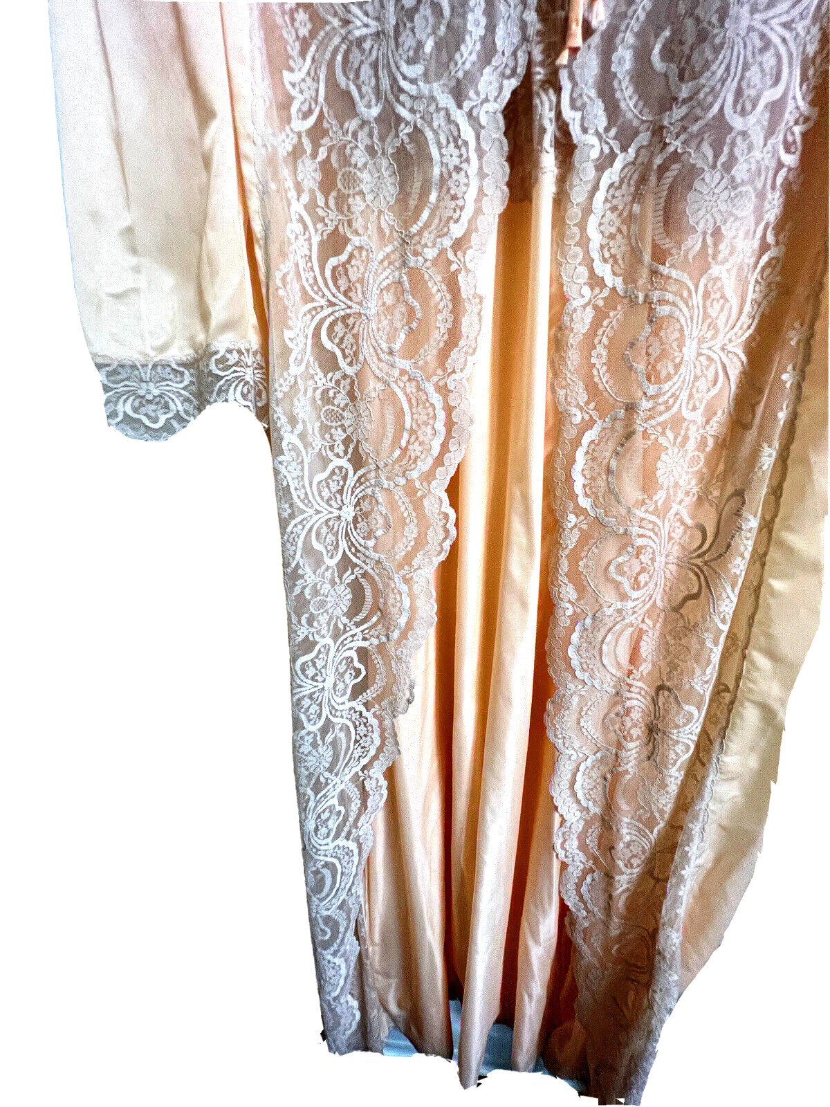 Sheer Madness Peach Satin Lacy Long Nightgown Matching Robe Set P / Petite VTG