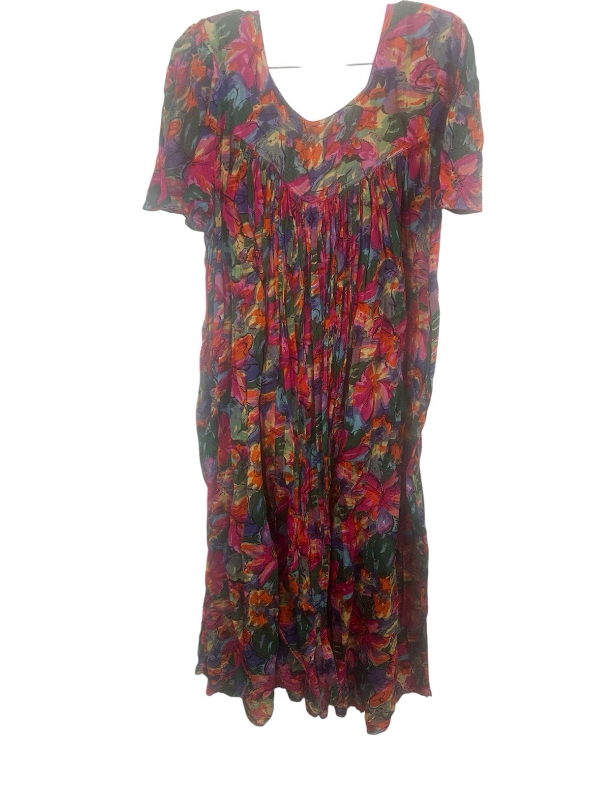 Vintage Rare 80s Sita Floral 100% Cotton Trapeze Sz L Short Sleeve Dress