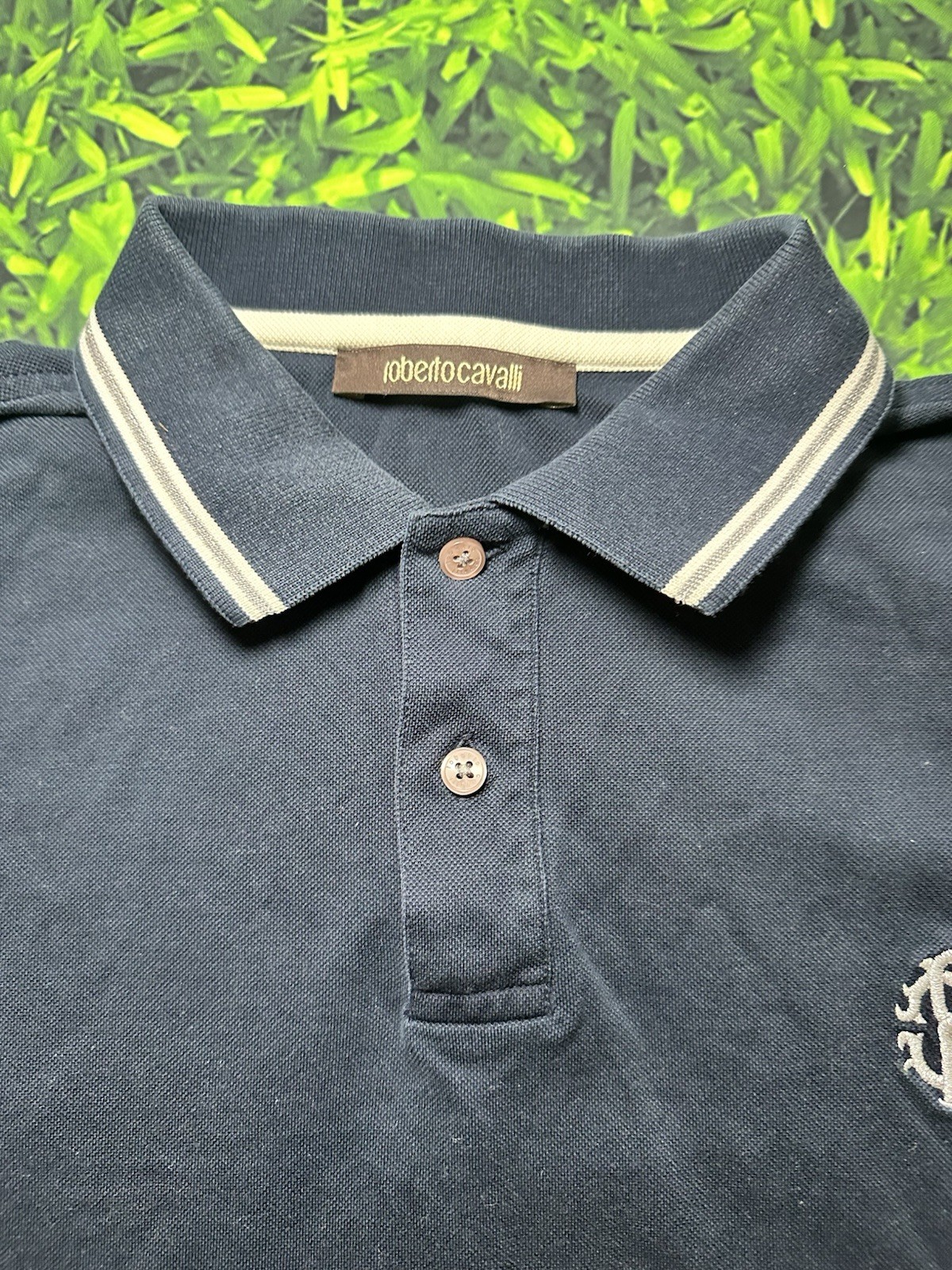 Vintage Y2K Roberto Cavalli Navy Logo Polo Shirt Sz L Preppy Academia Hologram