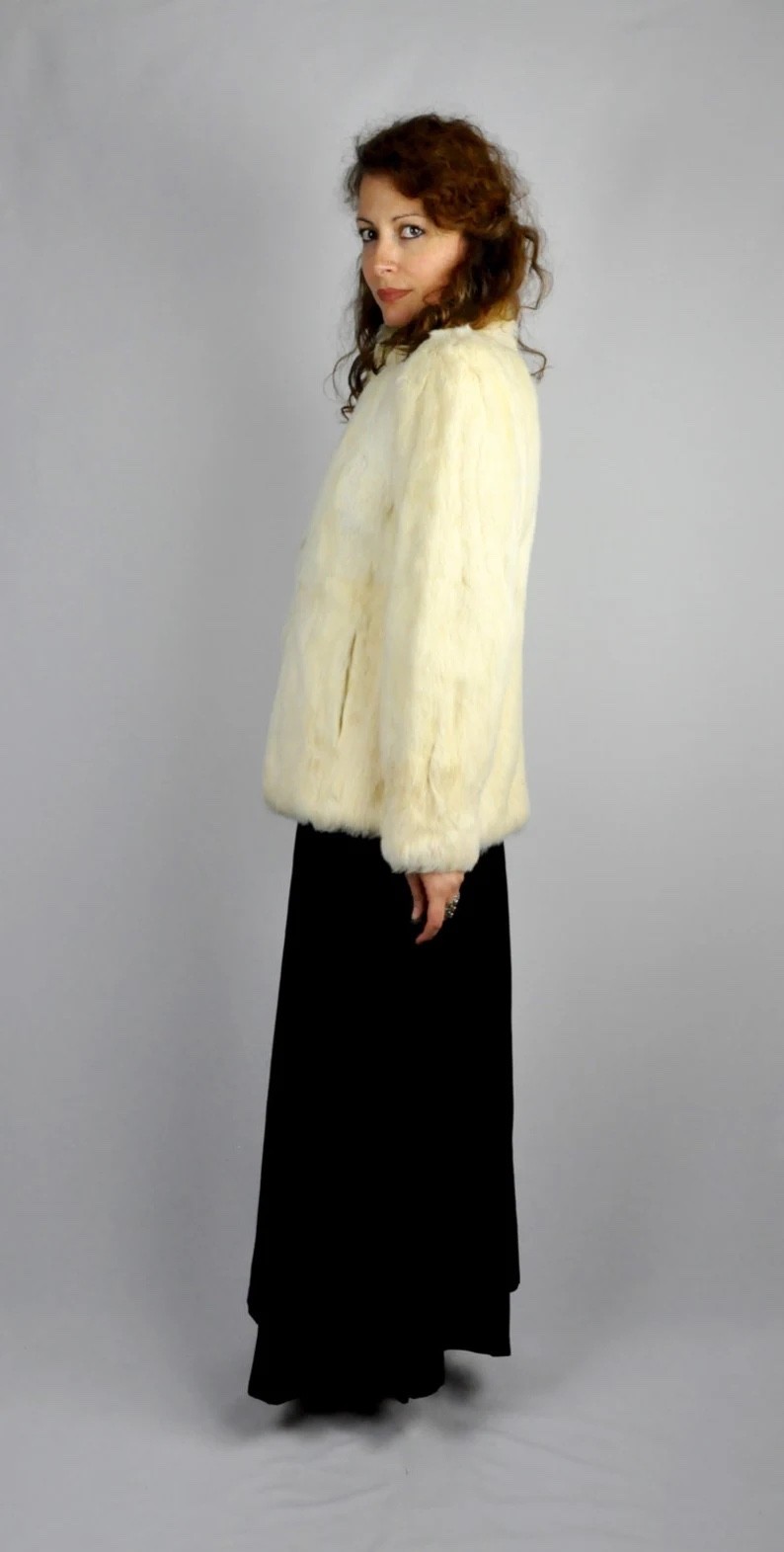 Vintage White Rabbit FUR Coat Jacket Super Soft Genuine Real Fur Ivory S M