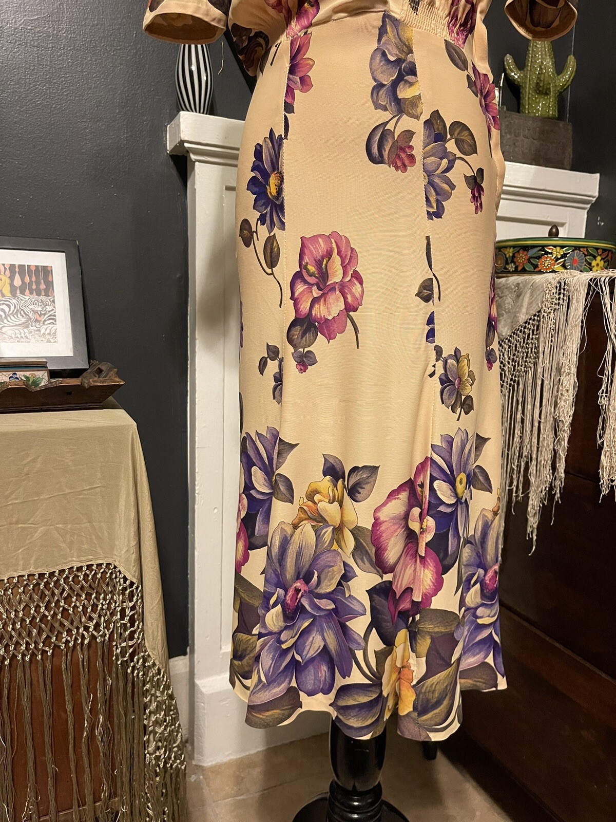1930’s Rayon Jersey Magnolia Flower Dress | Purple Pink Yellow