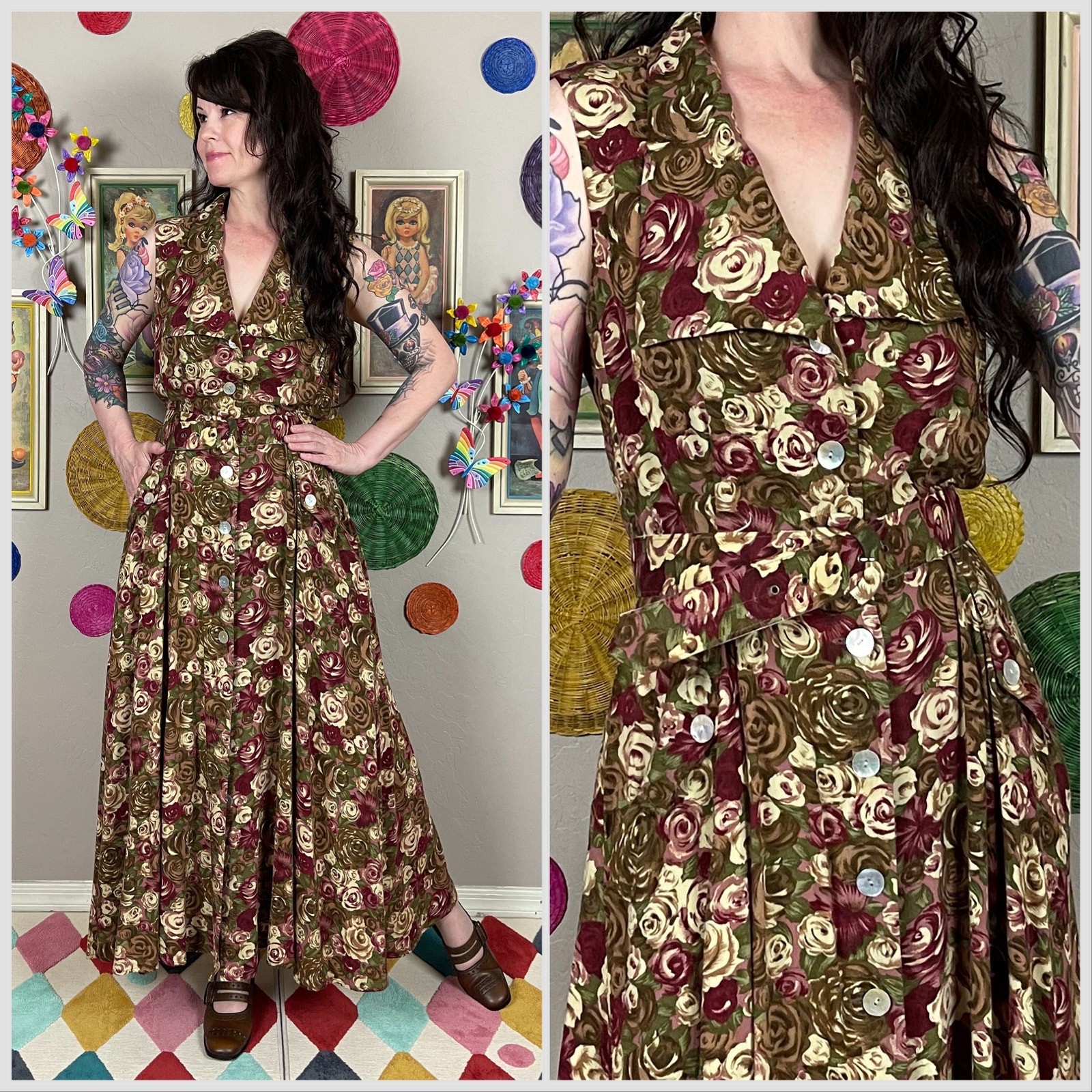 Vintage 1980s Brown Floral Sleeveless Button Front Midi Dress | 30″ Waist