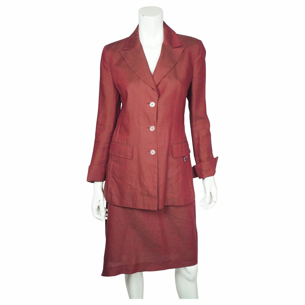 Vintage Kenzo Jungle Jacket Skirt Suit Red Cotton French Size 38 US 8