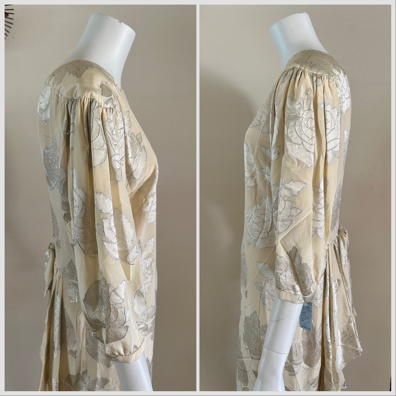 1980s Hanae Mori Silk Dress Metallic Rose Damask Bow Frost Bros VTG