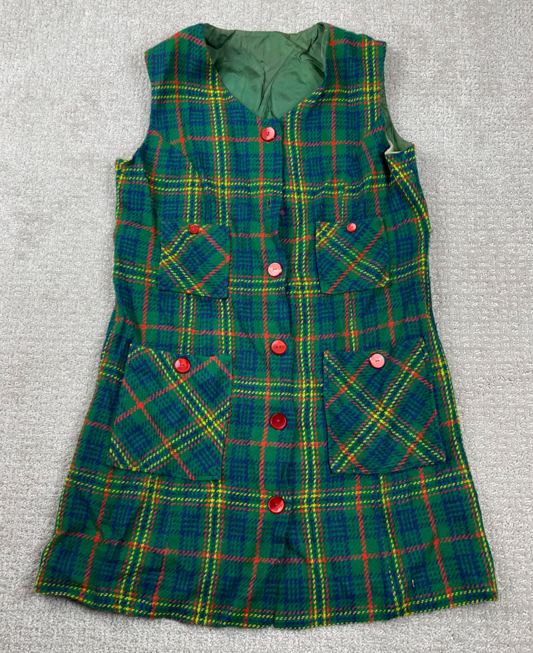 Vintage Cracker Barrel Jumper Mini Dress Womens Green Tartan Plaid Wool 50s 60s