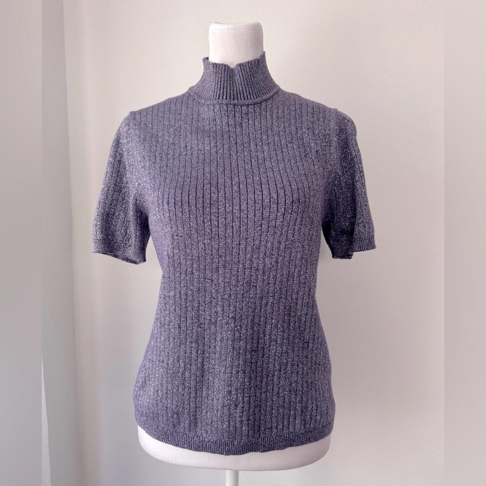 Vintage ’00s Koret Purple Metallic Ribbed Short Sleeve Turtleneck Sweater