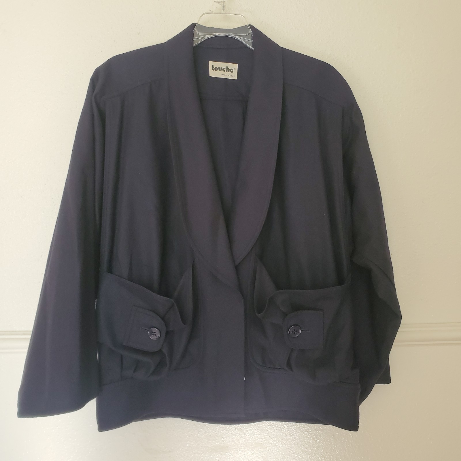 Vintage Touche Italy Navy Wool Cashmere Blend Shawl Collar Pocket Jacket Size 42