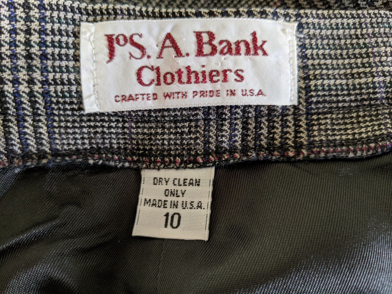 Plaid Vintage Skirt Pattern Jos. A Bank Below Knee Pockets Black White 10