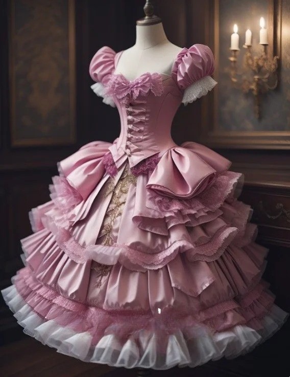 Pink Vintage Ball Gown Victorian Bow Corset Full Skirted Hemline 18th Century
