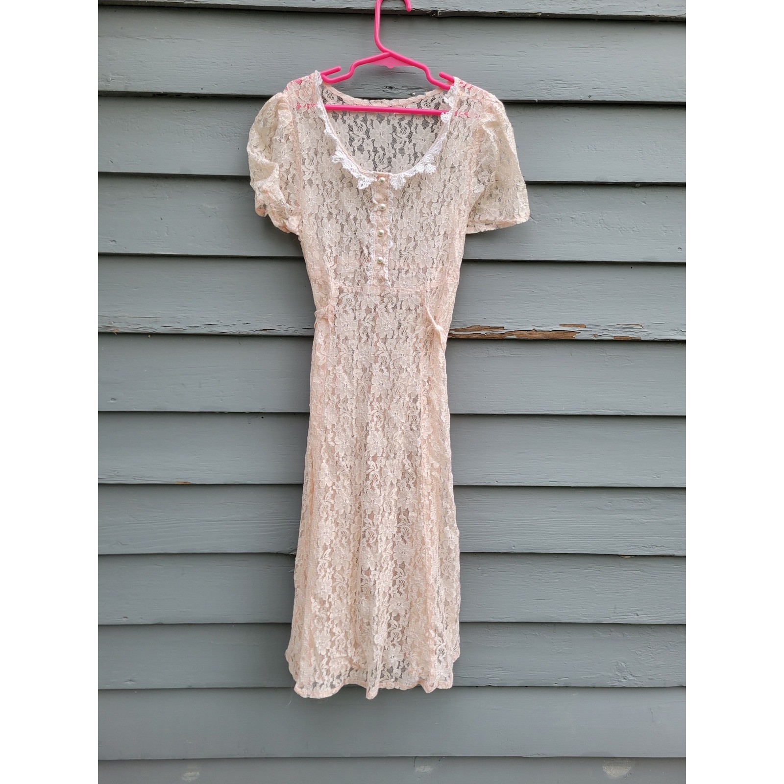 Vintage Lace Mini Dress Peach Pink Pearl Button Cottagecore Coquette Sheer Small