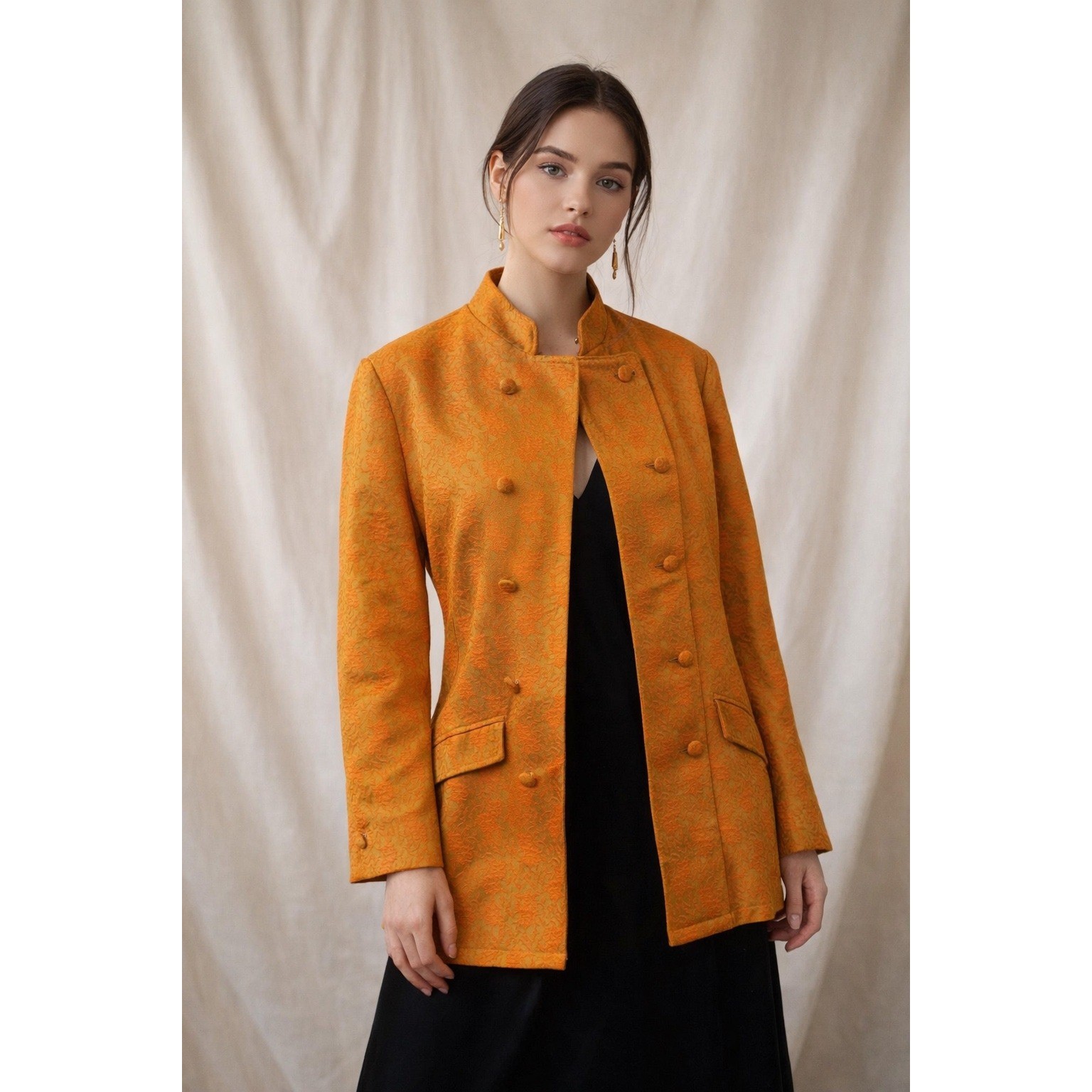 Vintage Gold Brocade Mandarin Collar Jacket Asian Inspired Mod Boho Retro