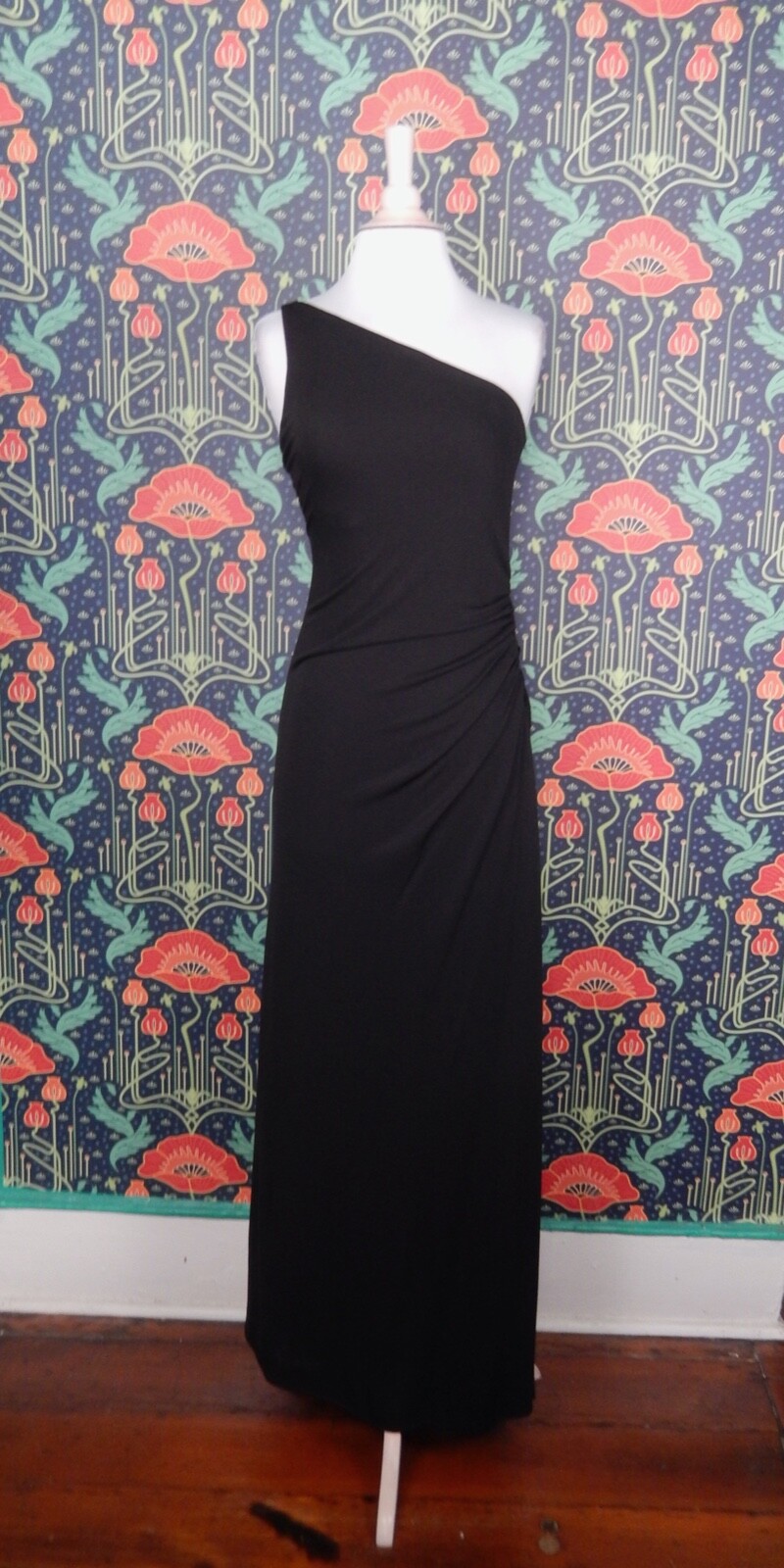 Vintage 90’s Y2K Black One Shoulder Prom Cocktail Ruched Minimal Maxi Dress