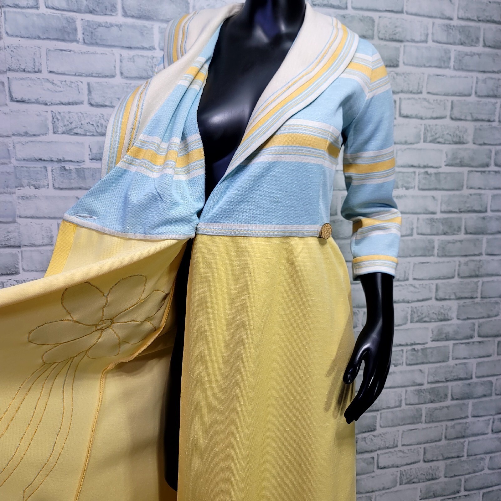 Vintage 60s 70s Maxi Dress Yellow Blue Striped Floral Applique Shawl Collar Mod