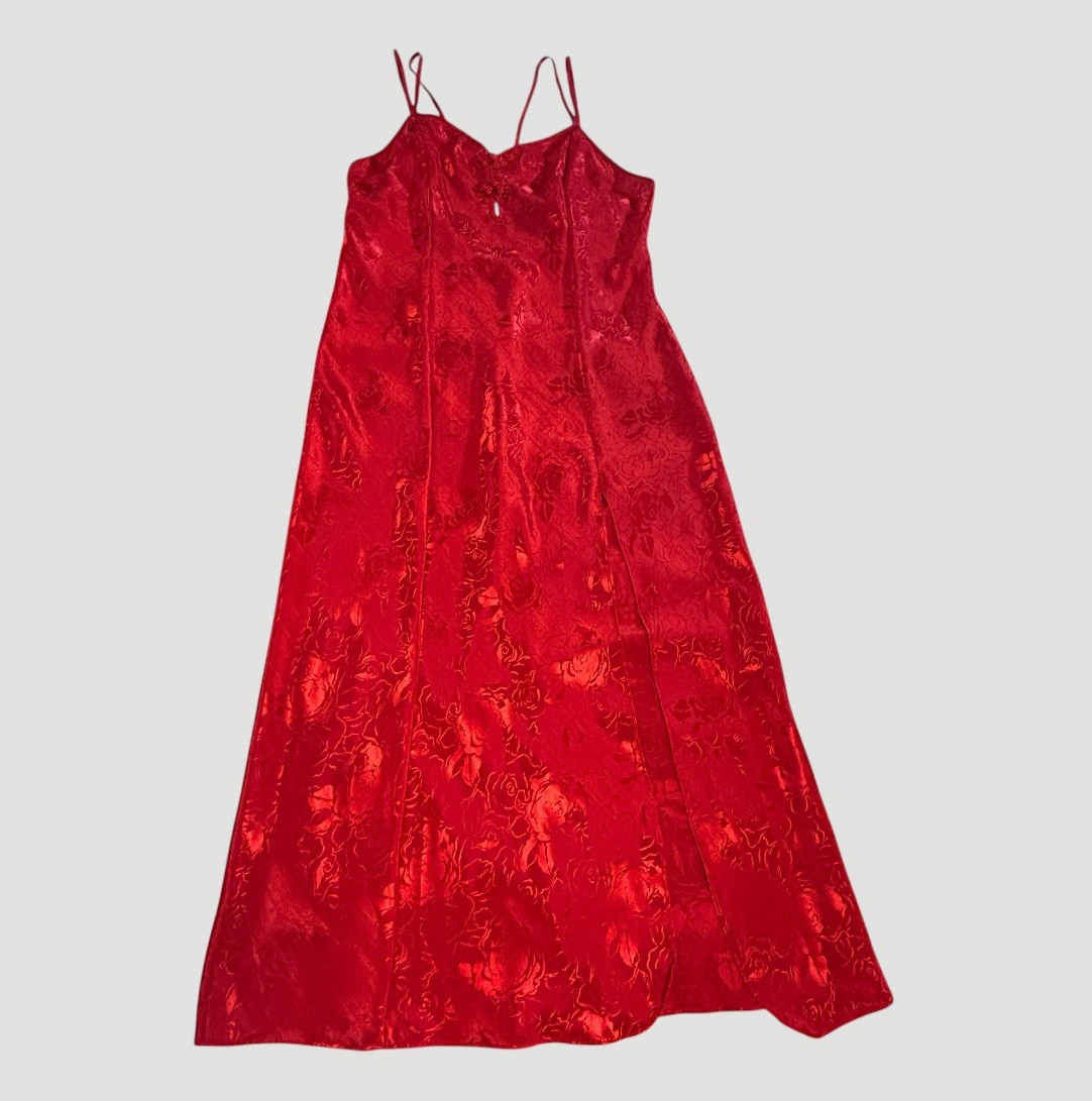 Vintage Expressions Red Floral Slip Dress Glam High Slit Frog Closure Size M