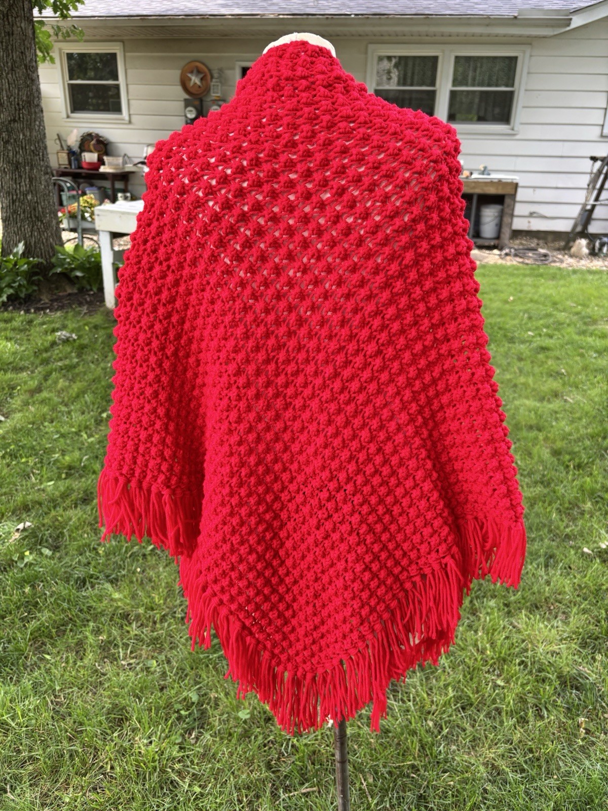 VTG Retro Shawl Boho Mod Handmade Crochet RED Poncho Wrap Fringe 40×80″