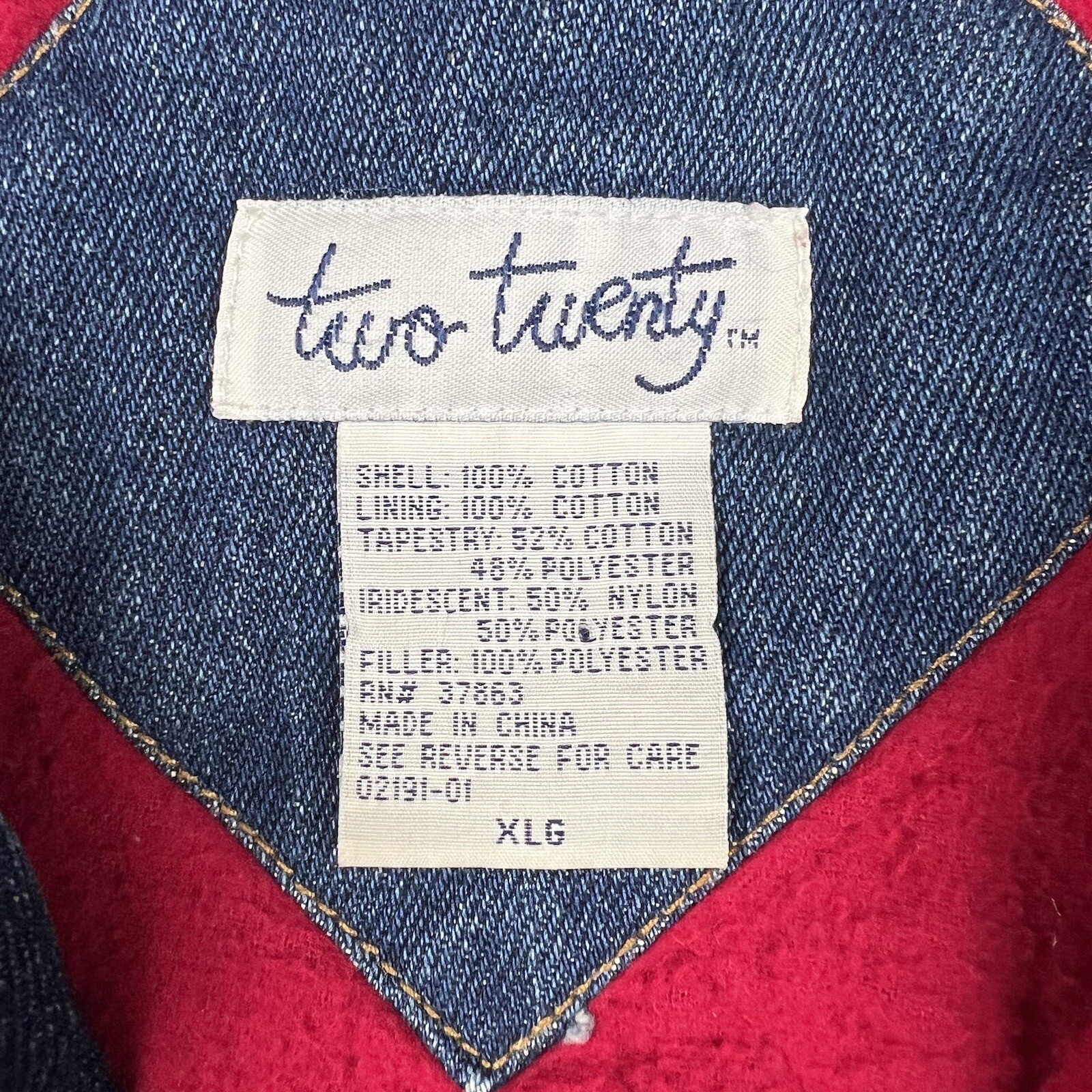 Vintage 90s Two Twenty Women’s Blue Denim Patchwork Winter Lined Jacket XL Long