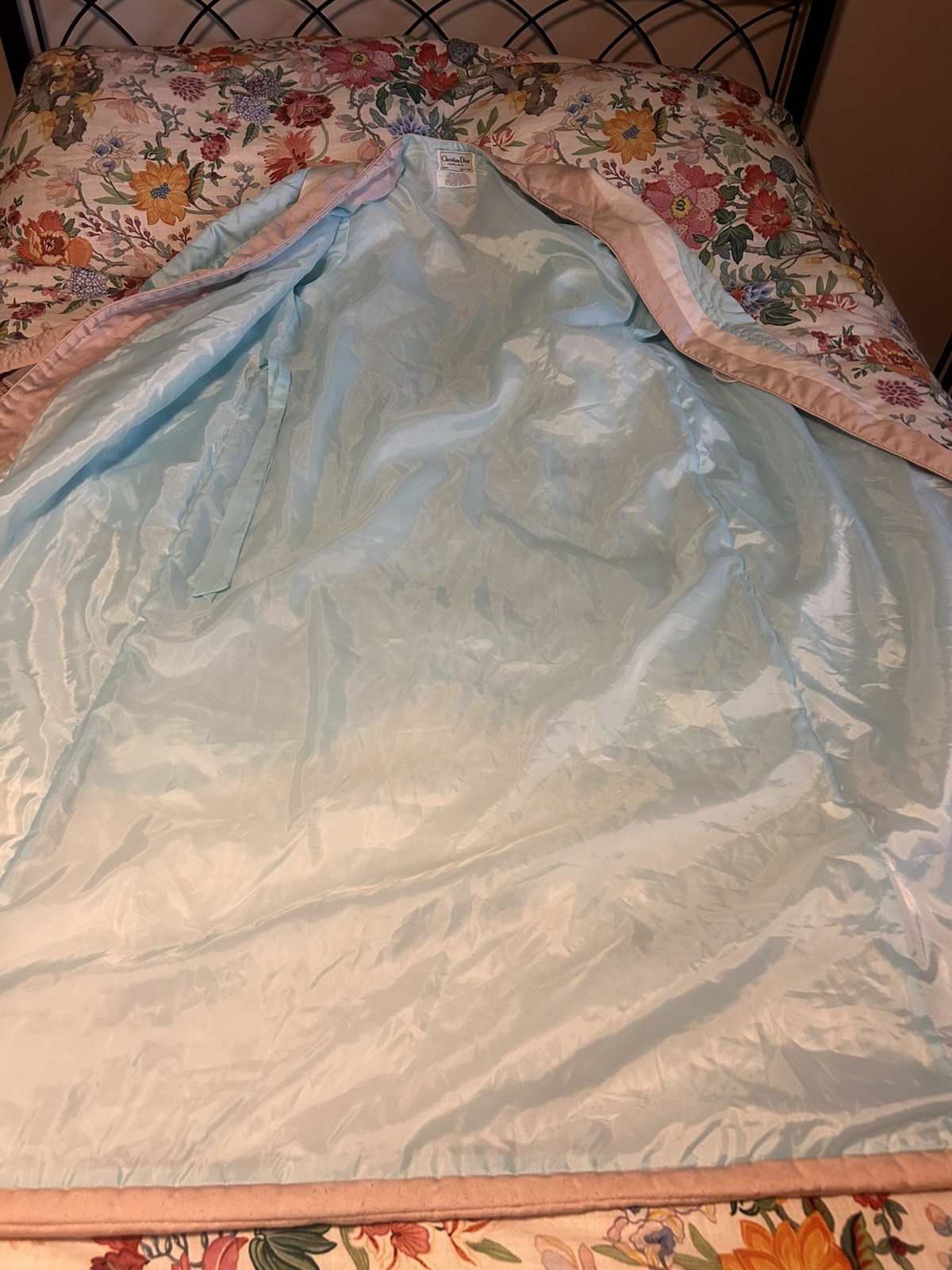Vintage Christian Dior Lounge Wear Robe – Long Pastel Blue & Pink Belted Robe