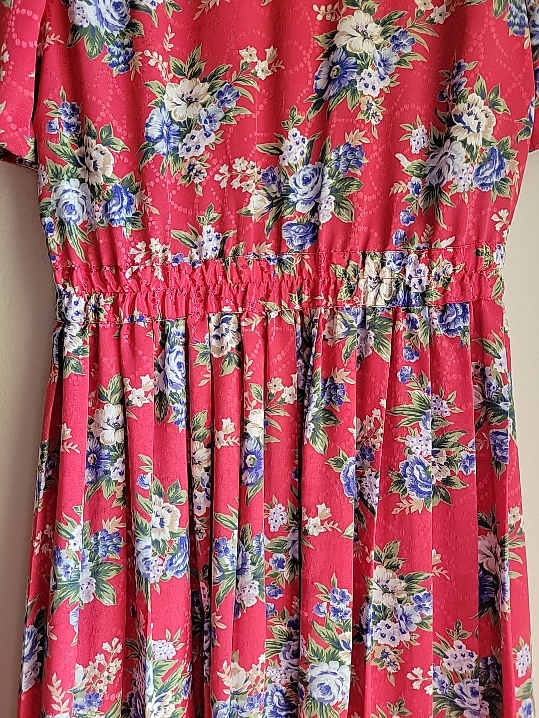 womens vintage secretary midi Collared dress S/M Red Floral Pleated Romantic USA