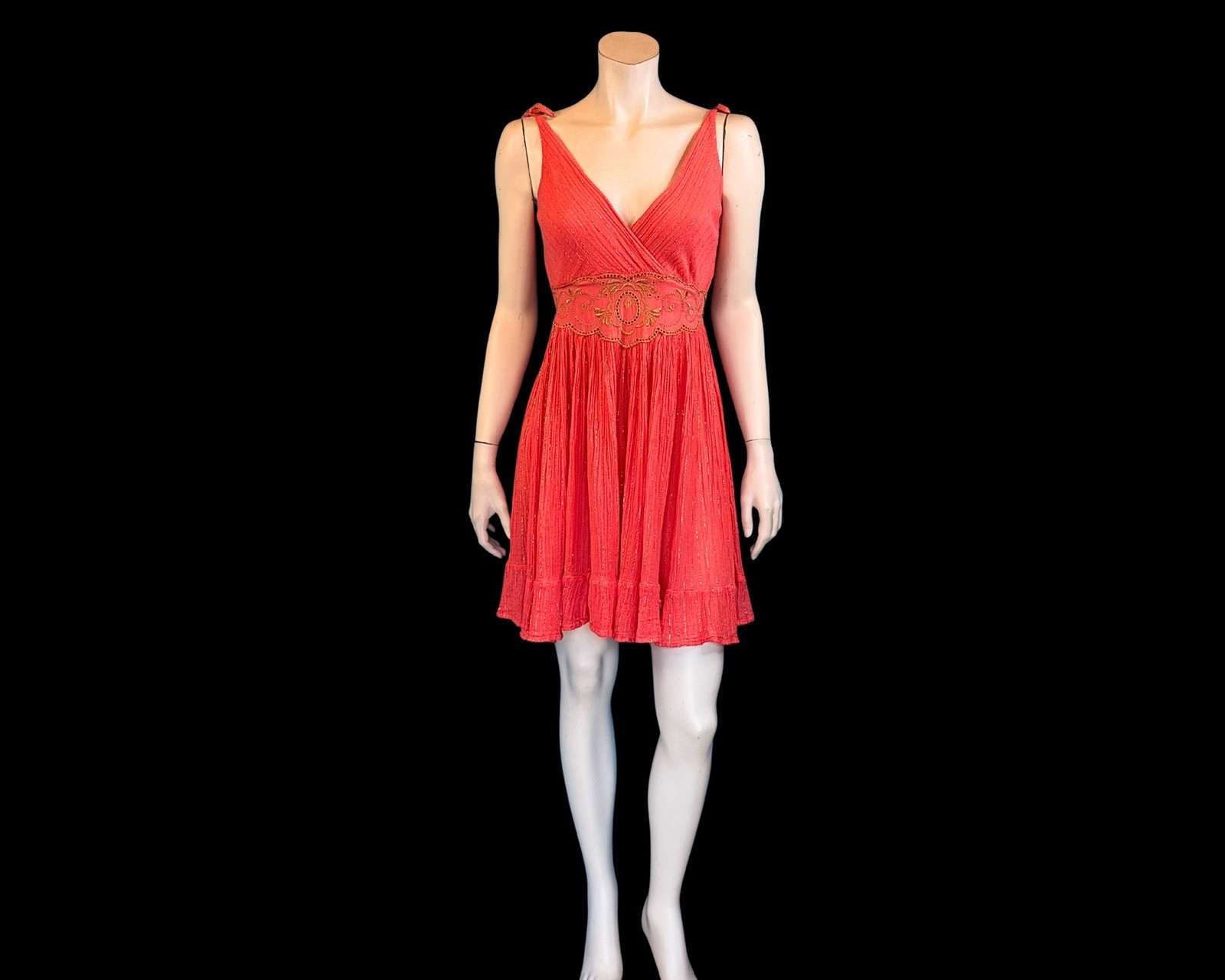 80s Greek Goddess Coral Gauze & Gold Lurex Mini Vintage Sundress | S
