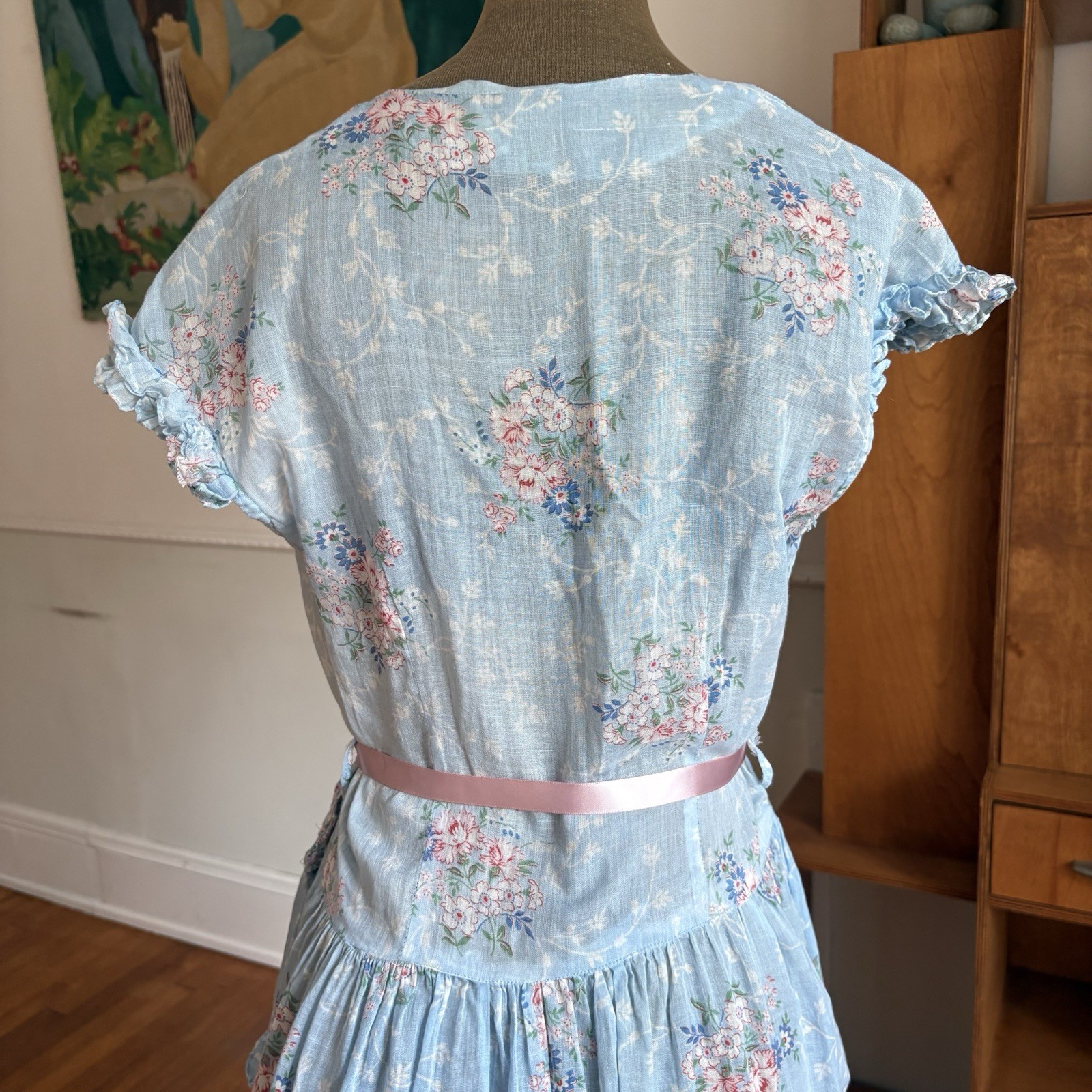 Vintage 1940s Blue Floral Cotton Voile Fabric Dress Ruffle Trim Summer