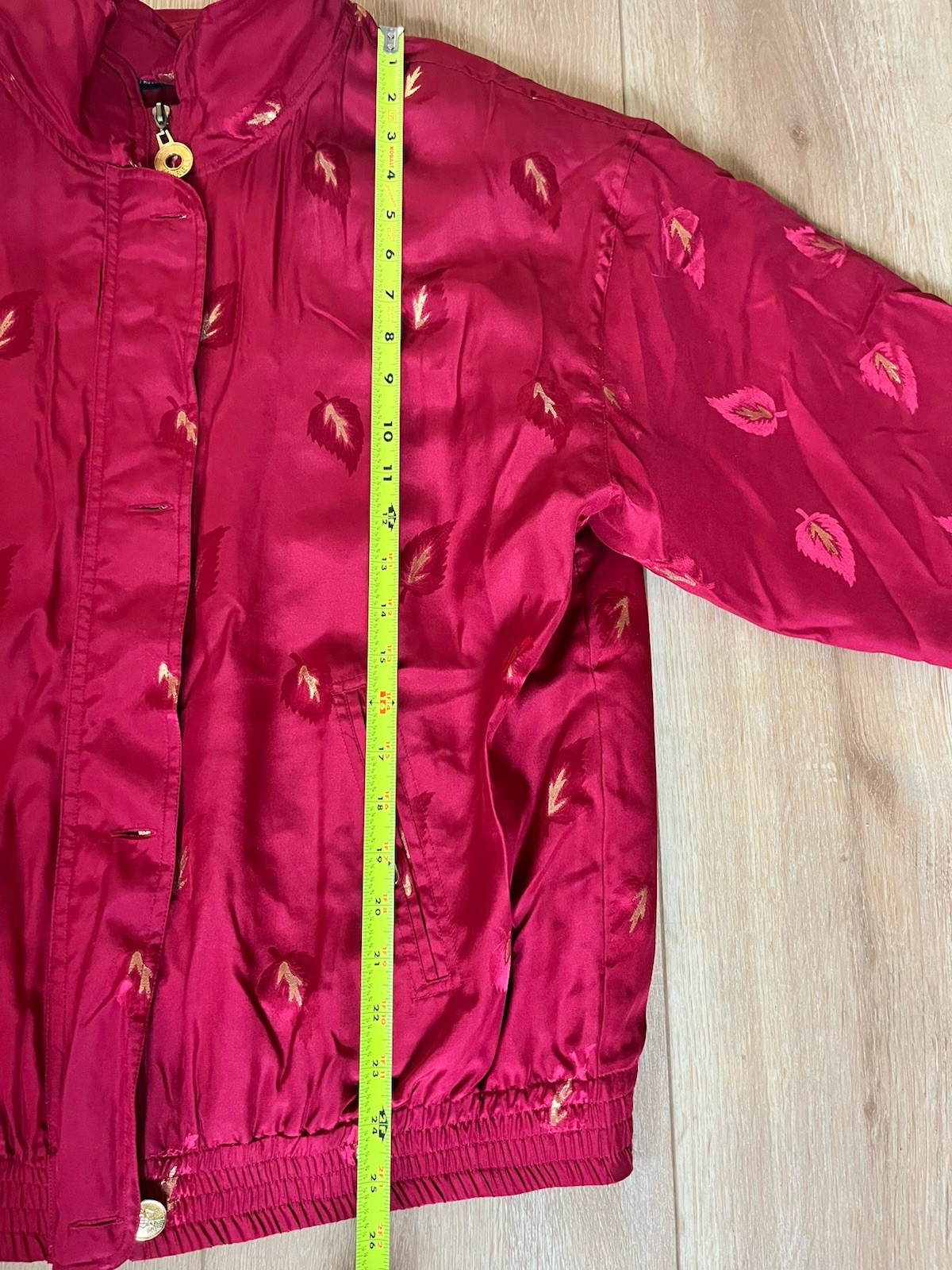 Vintage Silk Bomber Jacket Women M Red Gold Leaf Print Lightweight 90s Retro Zip