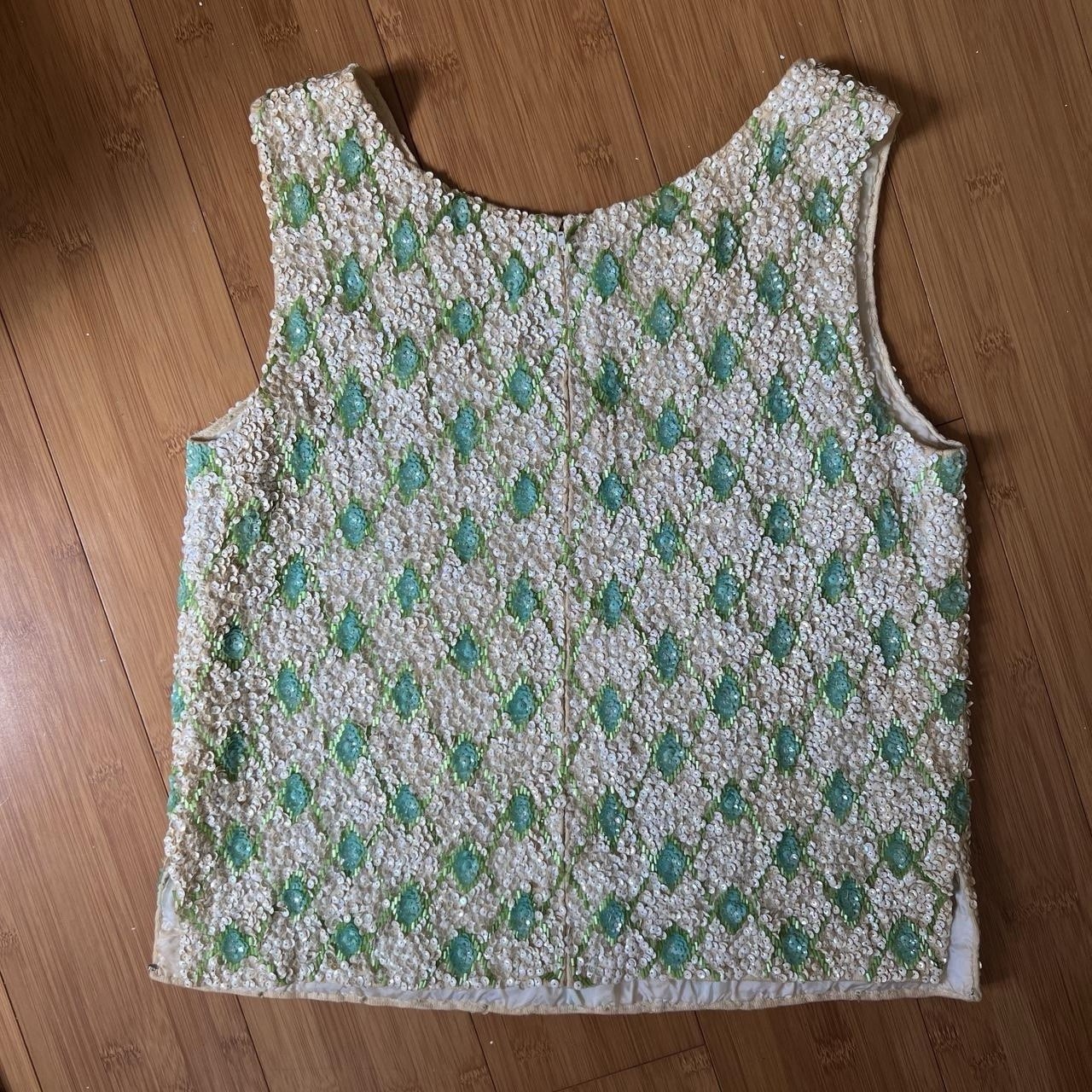 Vintage 60s Ivory + Green Sequined Embellished Sleeveless Top