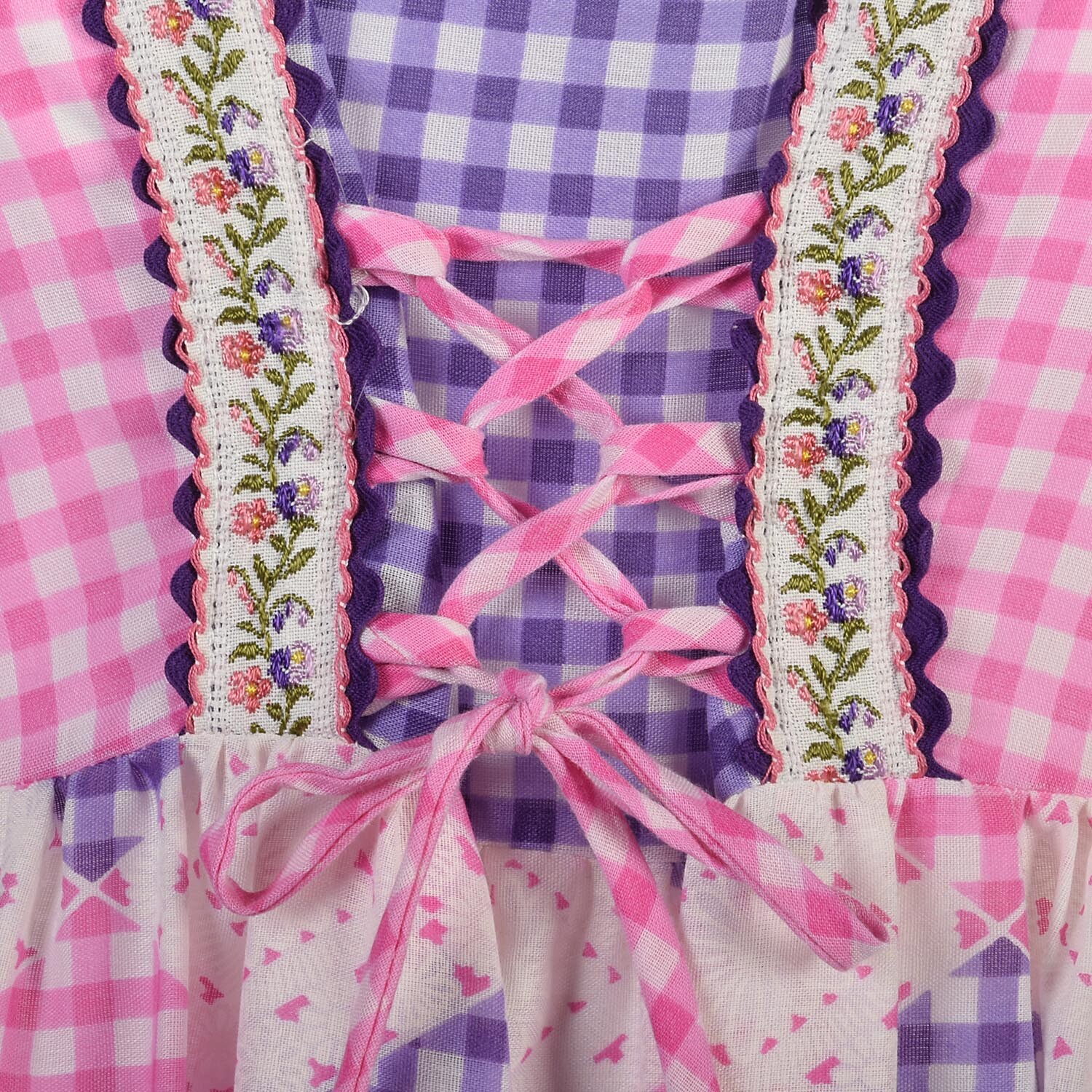 1970s S/M Pink Purple White Gingham Dress Corset Lacing Long Gathered Sleeves