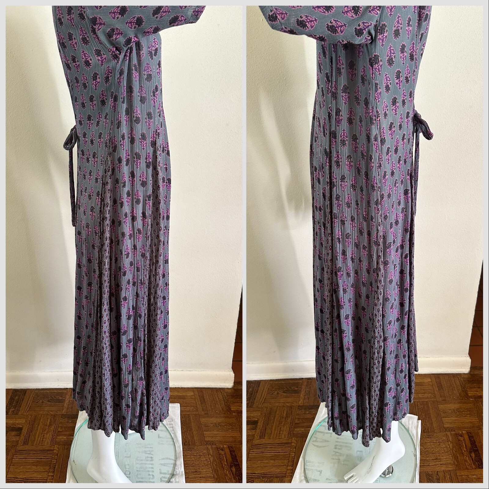 1990s Indian Block Print Rayon Gauze Tie Back Dress Grunge Floral Punk M 90s VTG