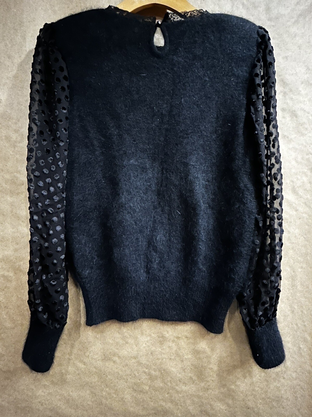 Vintage Black Sweater Size M Italy For Bullock’s Angora/ Wool Polka Dot Sleeves